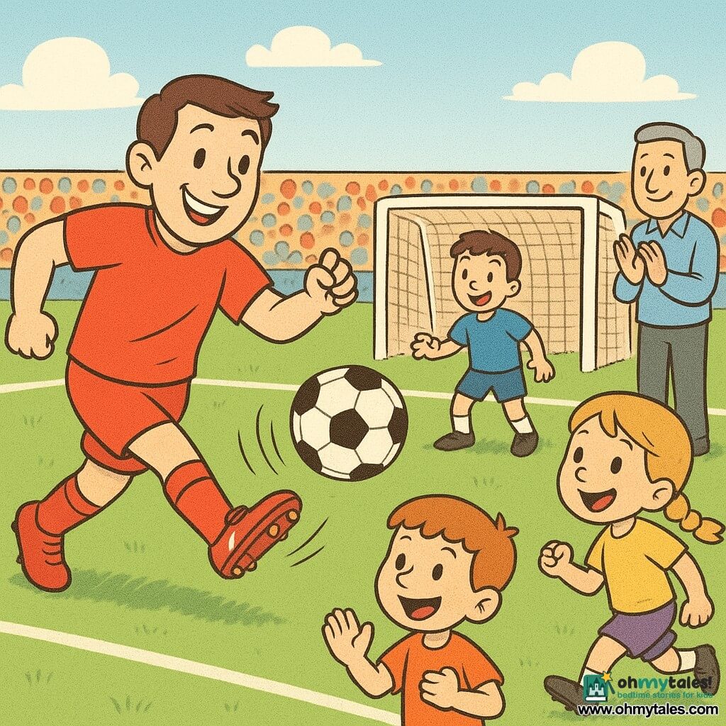 The main character, Mike, a joyful, focused man in a bright red jersey and shiny cleats, is giving an energetic right-footed pass toward Alex, a ~9-year-old boy near the goal ready to shoot; Tim, ~8 with red hair, cheers at the sideline while Lucy, ~7 with a blonde braid, sprints down the flank watching the ball, and Coach Sam, gray-haired, applauds from the touchline; the scene is a bright green soccer field with crisp white lines, a white goal and colorful stands under a sunny blue sky, the ball captured in flight with motion lines, emphasizing cooperative energy and the moment just before a goal, composition centered on Mike’s pass.