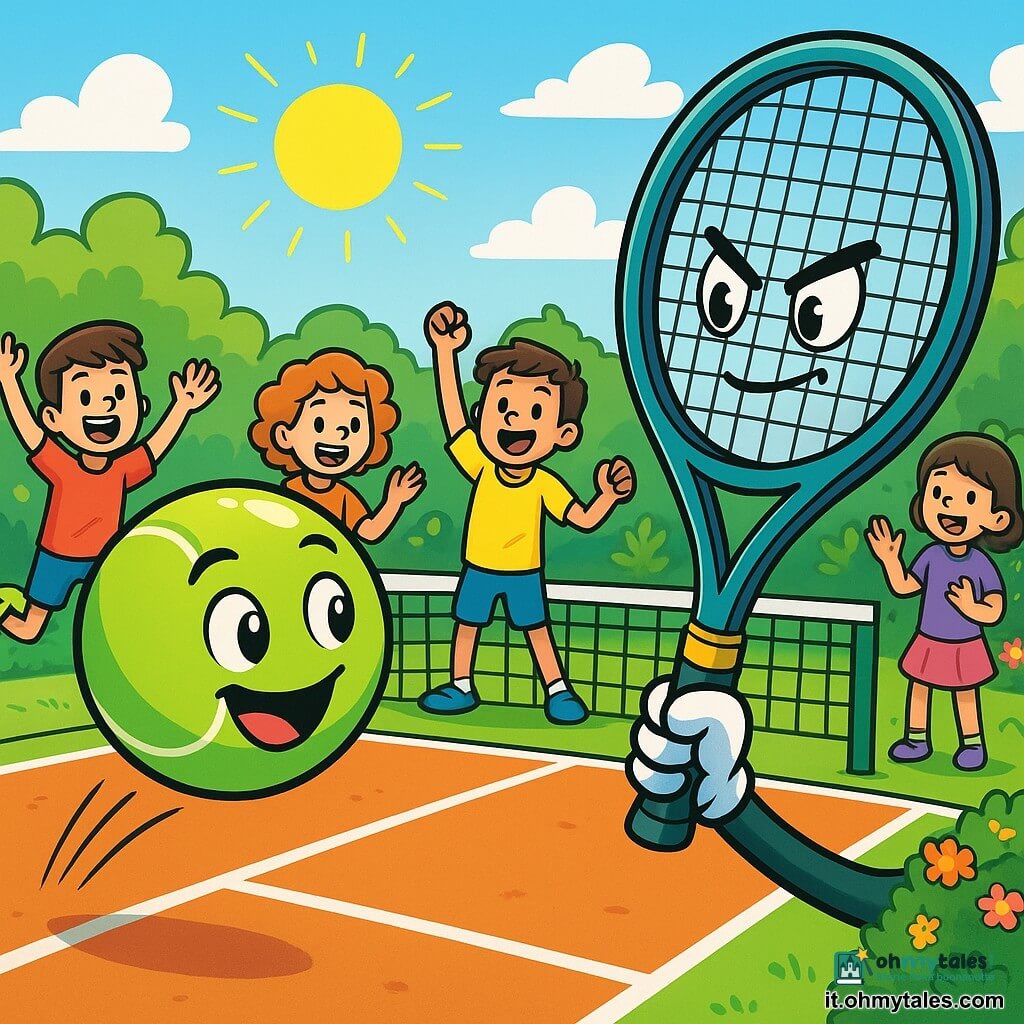 Tino, una piccola pallina da tennis verde con un sorriso gioioso e occhi scintillanti, rimbalza con entusiasmo sul campo da tennis, con le sue piccole macchie bianche che brillano al sole. Raffa, una racchetta elegante con un manico lucido e corde tese, si trova accanto a lui, mostrando un'espressione concentrata e determinata, pronta a colpire Tino per farlo volare in aria. Il campo da tennis è circondato da verde, con alberi frondosi e fiori colorati che danno vita alla scena. I bambini, vestiti con t-shirt colorate e pantaloni corti, si agitano intorno a loro, ridendo e applaudendo, creando un'atmosfera gioiosa e dinamica. La scena principale mostra Tino e Raffa in piena azione, pronti a giocare una partita di tennis, con l'eccitazione palpabile della competizione nell'aria, mentre i bambini incoraggiano le loro squadre con grida di gioia e sorrisi luminosi.
