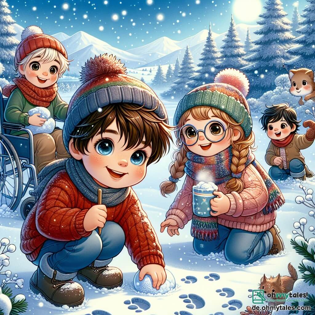 In einer zauberhaften Winterlandschaft haben vier Kinder Spaß im Schnee. Tom, ein 10-jähriger Junge mit braunen Haaren und funkelnden Augen, trägt einen dicken roten Pullover und eine blaue Mütze. Er steht in der Mitte, lächelt und sammelt Schnee, um einen Schneeball zu formen. Rechts von ihm beobachtet Mia, ein 9-jähriges Mädchen mit geflochtenen blonden Haaren und runden Brillen, aufmerksam die Tierspuren im Schnee, während sie einen bunten Schal trägt. Links wirft Ben, ein 10-jähriger Junge mit zerzausten schwarzen Haaren und einem breiten Lächeln, einen Schneeball auf Tom. Schließlich lacht Lea, ein 9-jähriges Mädchen im Rollstuhl mit braunen Haaren und rosigen Wangen, im Hintergrund und hält eine Tasse heißen Schokoladens, umgeben von sanft fallenden Schneeflocken. Die Kulisse zeigt einen wunderschönen Winterwald mit majestätischen, schneebedeckten Bäumen und einem hellblauen Himmel, der mit weißen Wolken gesprenkelt ist. Der Boden ist mit einer dicken Schicht makellosen Schnees bedeckt, und hier und da sind Tierspuren sichtbar. Die Kinder haben Spaß zusammen, bauen einen Schneemann und lachen, was Freude und Freundschaft an diesem schönen Wintertag verkörpert.
