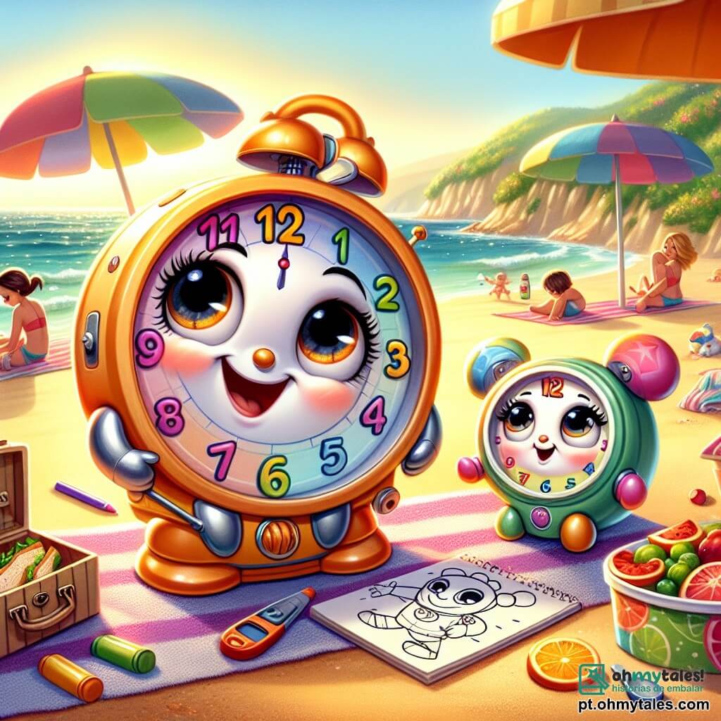 Tic, um jovem e curioso relógio de pulso, está de pé na praia, com os olhos arregalados de admiração e as agulhas girando rapidamente de excitação. Ele tem um estojo colorido, com números alegremente desenhados e um sorriso radiante em seu mostrador. Ao seu lado, sua mãe, um elegante relógio de bolso, está sentada em uma toalha de praia, sorrindo ternamente enquanto segura um livro de contos, suas agulhas delicadas balançando suavemente. Um pouco mais longe, seu pai, um robusto relógio de parede, está preparando um piquenique, com um grande sorriso no rosto, cercado de deliciosos sanduíches e sucos de frutas. O local é uma praia ensolarada, com ondas suaves lambendo a areia dourada, guarda-sóis coloridos dançando ao vento e crianças brincando ao longe, rindo e construindo castelos de areia. A cena principal mostra Tic, maravilhado com a beleza da paisagem, segurando seu bloco de desenho, pronto para capturar a magia do momento, enquanto sua família se prepara para compartilhar um momento de alegria juntos.