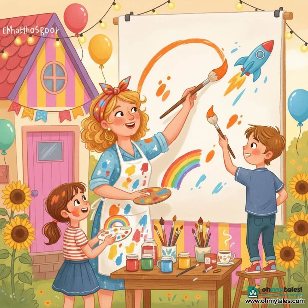 A radiant woman artist in her fifties with curly golden-blond hair tied with a patterned scarf wears a paint-stained apron and holds a large brush loaded with orange, painting an arc on a big mural; an 8-year-old girl, Lily, with brown pigtails, paint-smudged cheeks and a look of wonder holds a small palette and paints a rainbow to the left near the bottom; a mischievous 9-year-old boy, Ben, with short brown hair stands on a small step stool to the right holding a larger brush and paints a blue rocket toward the upper right; in front of a small striped pink, yellow and blue house the garden is dotted with sunflowers, fabric garlands, a worn wooden table covered in bright gouache jars, brushes and tea cups, and floating balloons; the main scene shows the three painting a joyful mural on a fixed canvas against the house with dynamic gestures, vivid splashes of color, a warm collaborative atmosphere and soft late-afternoon sunlight highlighting the brushstrokes.