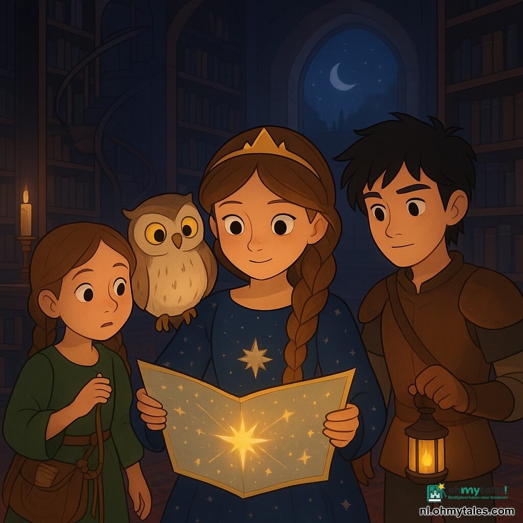 Prinses Elin staat in het midden, zacht geconcentreerd gezicht, glinsterende ogen, lang lichtbruin haar in een vlecht, nachtblauwe jurk met zilveren sterren, ze houdt een lichtgevende sterrenkaart open. Oriol de wijze uil zit op haar linkerschouder, rond lichaam met crème- en bruingevlekte veren, grote gele ogen. Miro, jonge schildknaap van ongeveer 14, staat rechts in lichte bruine leren harnas, warrig zwart haar, moedige maar verlegen uitdrukking, hij houdt een kleine lantaarn bij de grond. Sari, slimme dienstmeid van ongeveer 12, staat links in een eenvoudige groene jurk met twee vlechten, gereedschap en touw uit haar tas, ze bekijkt de kaart nieuwsgierig. Ze bevinden zich ’s nachts in de grote paleisbibliotheek met hoge donkere houten boekenrekken, wenteltrappen, hoge ramen waar de maan een zilveren straal werpt, een rood Perzisch tapijt en flikkerende kaarsen. De prinses toont de sterrenkaart aan haar metgezellen; een maanstraal verlicht de kaart die fonkelt, en er hangt een zachte, mysterieuze avontuurlijke sfeer terwijl ze klaarstaan om op zoek te gaan naar het herstel van het koninkrijk.