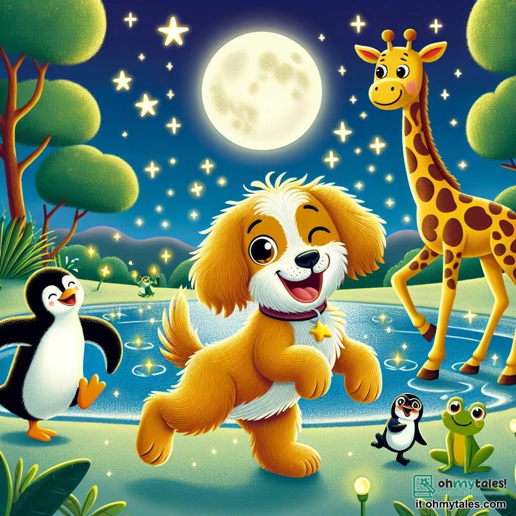 Un cane curioso di nome Fido, con un pelo dorato e occhi scintillanti di gioia, danza felicemente sulla riva di un lago sotto la luce della luna, con la coda che scodinzola di eccitazione. Accanto a lui, un pinguino di nome Pino, con la pancia bianca e il dorso nero, salta ridendo, mentre una grande giraffa di nome Gina, con un collo lungo e macchie marroni, li osserva sorridendo, pronta a unirsi a loro. Il paesaggio è incantevole: un lago scintillante circondato da alberi con foglie verdi, stelle brillanti in un cielo notturno e cerchi di luce che danzano sull'acqua. La scena mostra Fido, Pino e Gina che si divertono insieme in una gioiosa danza notturna, circondati da rane che saltano e applaudono il loro spettacolo.