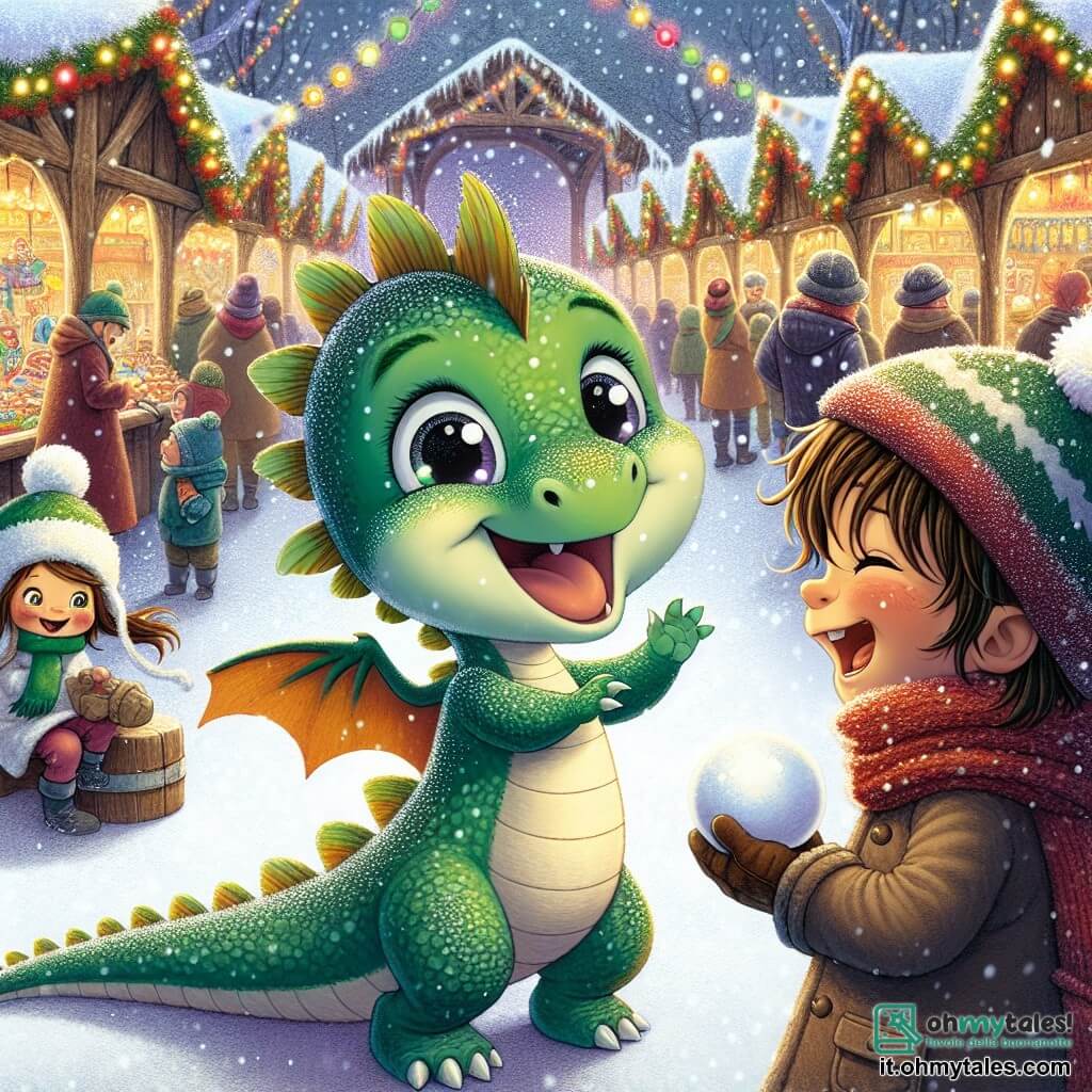 Un piccolo drago di nome Fiocco, con squame verdi brillanti e occhi scintillanti di curiosità, si trova al centro della scena, con un grande sorriso sul volto, incantato dalle luci scintillanti del mercato di Natale. Alla sua destra, un ragazzo dai capelli castani e sciarpa verde, con uno sguardo gioioso e accogliente, tende la mano verso Fiocco, pronto a invitarlo a giocare. Alla sua sinistra, una bambina con un cappello rosso e pompon bianco, con gli occhi brillanti di eccitazione, ride tenendo una palla di neve pronta per essere lanciata. Il mercato di Natale è decorato con ghirlande luminose colorate, con bancarelle di legno piene di giocattoli, dolci e decorazioni scintillanti, mentre la neve cade dolcemente, creando un tappeto bianco e magico sul terreno. La scena principale mostra Fiocco e i suoi nuovi amici, circondati dalla magia del Natale, che ridono e giocano insieme, mentre la folla gioiosa li circonda, creando un'atmosfera festosa e calorosa.