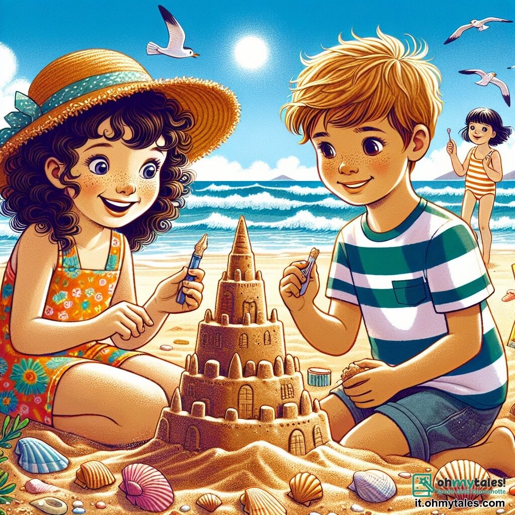 Una ragazza di 12 anni, Chiara, con i capelli ricci e un grande sorriso, sta costruendo un castello di sabbia sulla spiaggia. Indossa un costume da bagno colorato e un cappello di paglia, e il suo viso esprime una gioia contagiosa. Accanto a lei, il suo migliore amico Marco, un ragazzo di 12 anni con occhiali e capelli biondi, è piegato su un secchio, concentrato sulla costruzione di una torre di sabbia. Indossa una maglietta a righe ed è molto serio. Sara, un'altra amica di 12 anni con capelli neri e un sorriso malizioso, sta raccogliendo alghe per decorare il castello, posizionandosi proprio dietro Chiara. La scena si svolge su una spiaggia soleggiata, con onde che lambiscono dolcemente la riva, conchiglie sparse sulla sabbia dorata e un cielo blu punteggiato da alcune nuvole bianche. Chiara e i suoi amici sono in competizione per costruire il castello di sabbia più bello, ridendo e divertendosi insieme, mentre una leggera brezza solleva alcuni granelli di sabbia intorno a loro, aggiungendo un tocco di magia alla loro avventura estiva.