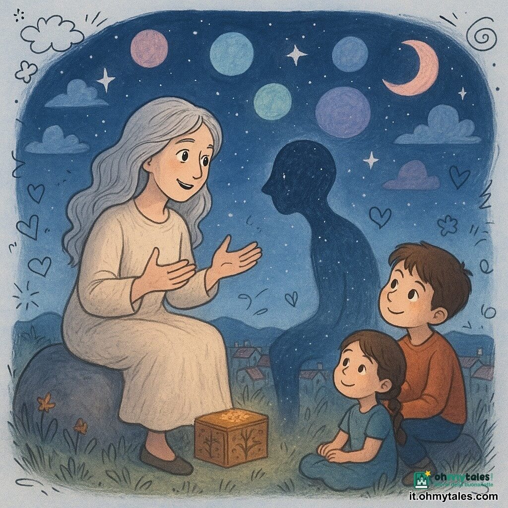 Una donna, Lina, seduta su una pietra liscia, volto dolce e meravigliato, occhi luminosi, capelli argentati lunghi e leggermente mossi, in abito di lana color ecru, racconta una storia con le mani aperte verso una piccola figura; accanto a lei una scatola di legno lucido intagliata con motivi di alberi e stelle emette una tenue luce dorata; un'entità non umana, il Vuoto, è un'ombra sottile e lievemente traslucida, come nebbia notturna con riflessi bluastri e scintille di parole, china e attenta davanti a Lina; vicino siedono un bambino di 8 anni con capelli castani e sguardo ammirato e una bambina di 6 con trecce brune, sorridente e rapita; il tutto su un'altura di pietra circondata da erbe e fiori selvatici sopra un villaggio dai tetti di tegole, sotto un cielo notturno pieno di lune colorate (rose, blu, verdi, porpora), stelle scintillanti e nuvole leggere; atmosfera calda, fiabesca e rasserenante, palette di blu notte, oro e rosa.