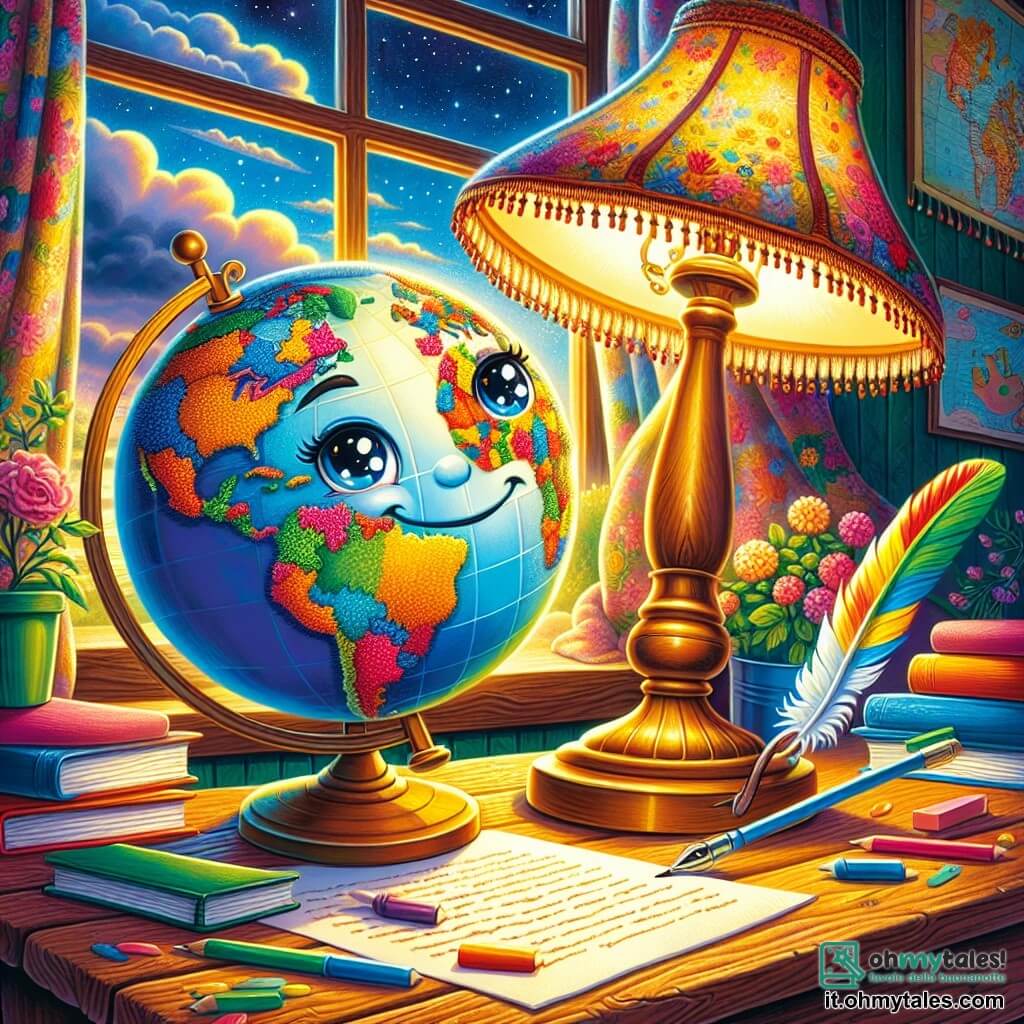 Un mappamonde sorridente, con continenti colorati e occhi scintillanti, si trova su un vecchio tavolo di legno. Le sue vivaci colorazioni contrastano con l'atmosfera cupa dell'esterno. Accanto a lui, una lampada vintage con un paralume di tessuto emette una dolce luce dorata, guardando il mappamonde con un'espressione calorosa. Una penna d'inchiostro, fine ed elegante, è poggiata su un foglio, pronta a scrivere parole di amicizia. La stanza è luminosa, piena di libri colorati e mappe del mondo, con una finestra aperta che lascia entrare una leggera brezza. All'esterno, il cielo è nuvoloso, ma un raggio di sole illumina la scena. Il mappamonde e i suoi amici sono uniti in una missione di pace, scrivendo lettere di amicizia per promuovere la comprensione tra i popoli, con cuori e simboli di pace disegnati attorno a loro.