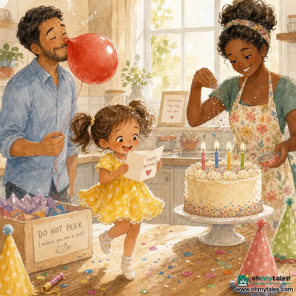 A joyful 4-year-old girl with brown pigtails in a yellow polka-dot dress stands on tiptoe looking at a small birthday card; a 30–35-year-old bearded father in a sky-blue shirt stands behind the table to her left holding a red balloon tapping his nose; a 28–33-year-old mother with hair in a bun wearing a floral apron smiles and sprinkles colorful sprinkles from the right near a large cream cake with four candles; the light wood table holds multicolored paper hats, confetti and a box labeled DO NOT PEEK (unless you are a cat); kitchen bathed in morning light with white tiles, blurred shelves and a window, warm family atmosphere—tender busy birthday morning, watercolor-like granular textures with white highlights on the balloon and sugar beads