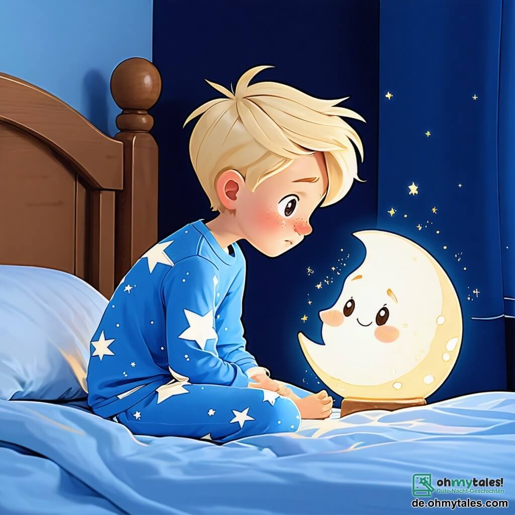 Ein elfjähriger Junge mit langen blonden Haaren und neugierigen Augen sitzt auf seinem Bett, nervös und entschlossen. Er trägt einen blauen Schlafanzug mit weißen Sternen und starrt auf eine kleine Mondlampe, die sanft neben ihm leuchtet. Die Lampe, ein freundliches Wesen mit einem lächelnden Gesicht und leuchtenden Augen, strahlt warmes Licht aus und scheint den Jungen zu beruhigen. Die Szene spielt in einem Kinderzimmer, dekoriert mit Postern von Planeten und Sternbildern, mit verstreuten Spielzeugen auf dem Boden und Vorhängen mit Wolkenmotiven. Das Licht des Mondes wirft sanfte Schatten und schafft eine magische, leicht mysteriöse Atmosphäre. Der Junge bereitet sich darauf vor, das Hauptlicht auszuschalten, um seine Angst vor der Nacht zu überwinden, während die Mondlampe an seiner Seite strahlt und bereit ist, ihn auf diesem nächtlichen Abenteuer zu begleiten.