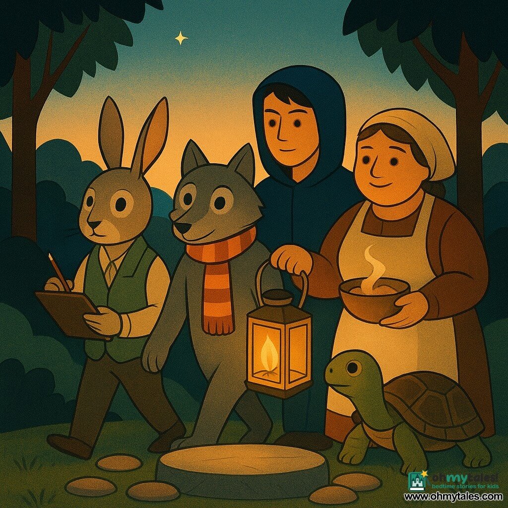 Lupo, a small anthropomorphic wolf with soft grey fur, round bright eyes and a warm determined expression, wears a striped scarf and holds one handle of a golden lantern; a human teenager in a dark blue hoodie, calm and protective, holds the other handle, positioned to Lupo’s right and slightly behind; a rabbit in a green vest, ears up, with a pencil-brush and clipboard under its arm, serious yet mischievous, leads the group; a textured-shelled turtle, low and slow with a serene gaze, accompanies the lantern near the pedestal and almost touches it; a round baker in a flour-dusted apron carrying a bowl of steaming dough follows and smiles; setting: grassy hilltop with a circle of smooth stones as a central pedestal, dark trees framing an opening to the horizon and a dawn sky gradated peach to pale blue with a few lingering stars; scene: the united group carries a softly shimmering golden lantern to place on the pedestal before sunrise, intimate and collaborative mood with warm lights contrasting the cool dawn sky; visual style: Art Deco geometric shapes and crisp outlines, warm golds and deep greens, stylized textures, centered symmetrical composition with strong light and shadow.