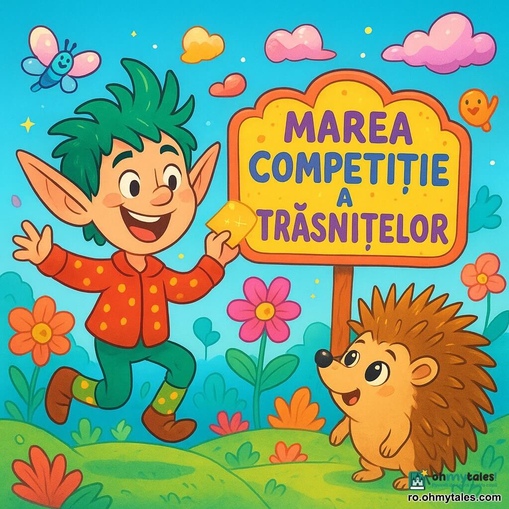 Un spiriduș vesel pe nume Lică Lăbuș, cu urechi mari ascuțite și păr zburlit de culoare verde, poartă o vestă roșie cu buline și șosete verzi cu bule galbene. Sară de bucurie, cu un zâmbet larg pe față, ținând în mână o invitație strălucitoare. Lângă el, Ghemotoc, un arici curios cu țepi aurii și ochi strălucitori, îl observă cu un aer de excitație, pregătit să-l însoțească în aventură. Scena se desfășoară în Piața Trăsnită, un loc magic plin de culori vii, flori uriașe cu petale sclipitoare și nori în formă de bomboane plutind pe cerul albastru. Râsete și cântări de creaturi vesele răsună în jurul lor. Lică și Ghemotoc stau în fața unei mari plăci colorate care anunță Marea Competiție a Trăsnitelor, înconjurați de creaturi amuzante care dansează și se distrează. Sunt pregătiți să pornească în căutarea Comoarei Vesele, plini de entuziasm și energie.