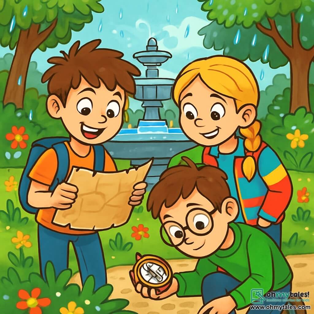 A 10-year-old boy, Max, with tousled brown hair and sparkling curious eyes, holds an old rolled-up map in his hands, his face lit up with excitement and wonder. Next to him, Zoe, a 10-year-old girl with braided blonde hair wearing a colorful jacket, looks at the map with a mischievous smile, ready to solve the puzzles. Leo, a 10-year-old boy with round glasses and brown hair, leans down, examining an old compass he found, looking focused. The scene takes place in a lush park with a large pond at the center, surrounded by vibrant flowers and majestic trees. Raindrops sparkle on the leaves, adding a magical touch to the atmosphere. The three friends stand near the fountain, their faces illuminated by anticipation, ready to follow the mysterious path indicated on the map in search of hidden treasure.