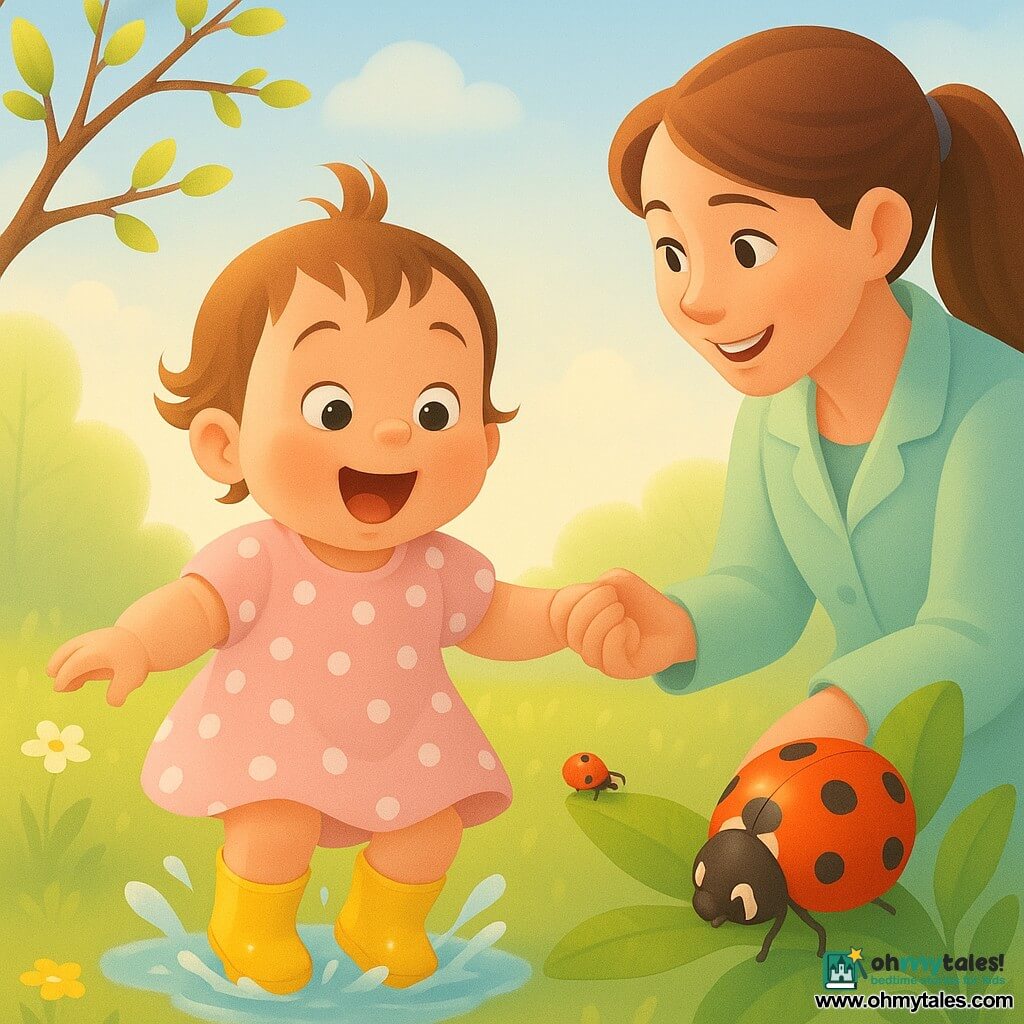 A joyful, wide-eyed 2-year-old girl with short brown hair, round rosy cheeks, wearing a pale pink dress with white polka dots, gently jumps in a small puddle making a "splash" with her yellow shoes while a smiling woman (mother, about 30) with chestnut hair in a ponytail, wearing a mint-green light coat, holds her hand and looks tenderly from the right; a small red ladybug with black spots rests on a green leaf near the girl's hand; the scene is a bright spring garden with soft green grass, small yellow and white flowers, a tree with green buds, a light blue sky with fluffy clouds and golden morning light, conveying a calm, joyful spring moment in pastel colors and smooth gradient-mesh textures.