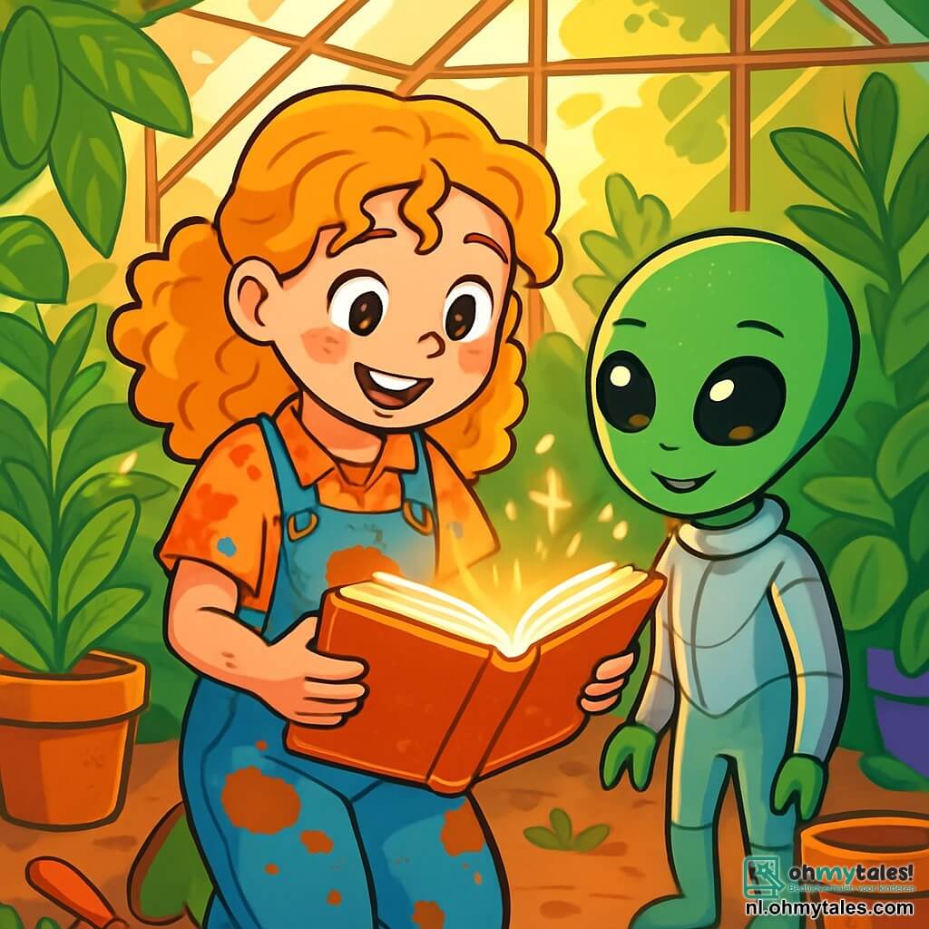 Een 12-jarig meisje met krullend, goudkleurig haar en sprankelende nieuwsgierige ogen staat in het midden van een grote kas vol weelderige groene planten. Ze draagt een kleurrijke tuinier blouse, bevlekt met aarde, en haar gezicht straalt verwondering uit terwijl ze een mysterieuze boek ontdekt dat zachtjes gloeit. Naast haar observeert een vriendelijke, kleine alien met glinsterende groene huid en grote, ronde, glanzende ogen het meisje met een welwillende glimlach. Hij draagt een zilveren pak dat om hem heen lijkt te zweven, wat een futuristische touch aan de scène toevoegt. De kas is van glas, verlicht door gouden licht, waar de zonnestralen door de bladeren filteren en dansende schaduwen op de lemen vloer creëren. Kleurrijke bloempotten en tuingereedschap liggen verspreid om hen heen, wat een warme en gastvrije sfeer toevoegt. Het belangrijkste moment toont het meisje en de alien die samen een magisch moment delen, terwijl ze het mysterieuze boek ontdekken dat geheimen van een andere wereld lijkt te bevatten, terwijl een zachte melodie van licht en kleuren hen omringt.