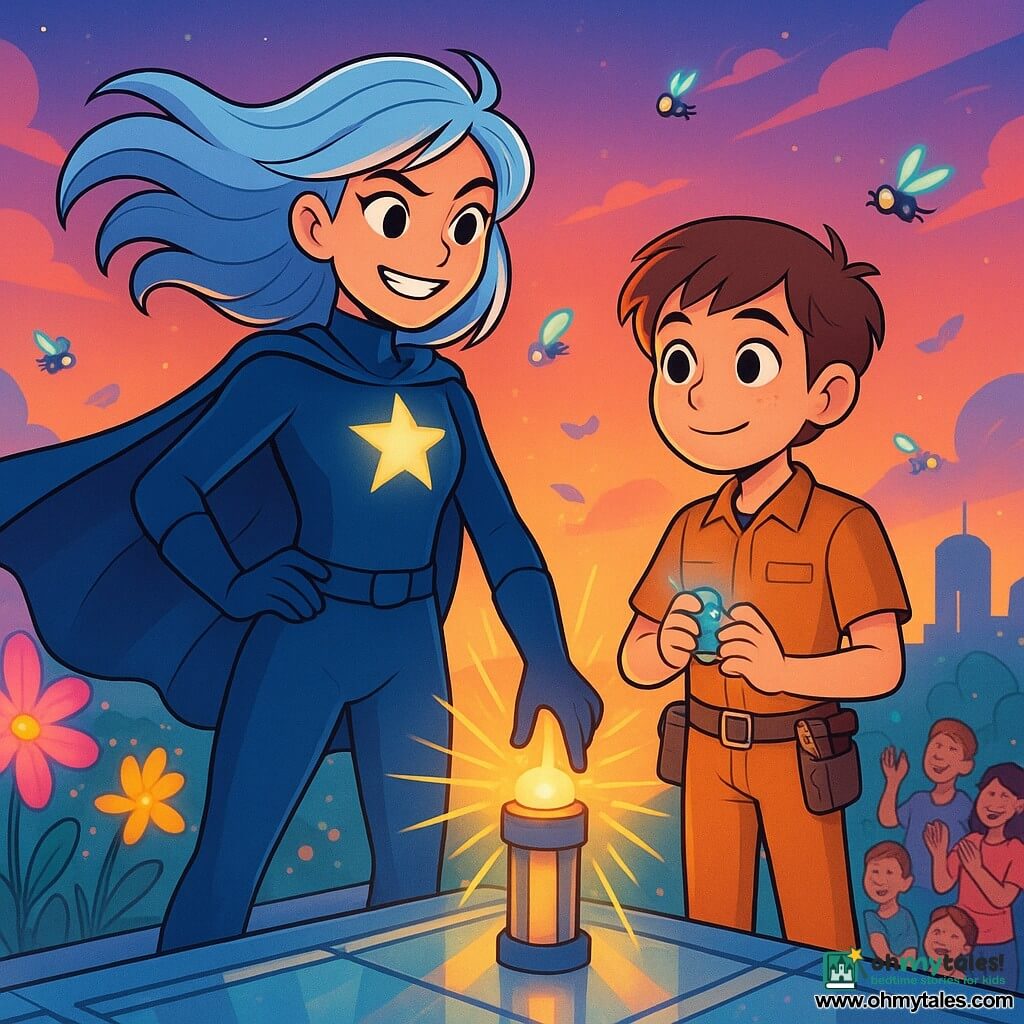 Nova Flare, a heroic young woman, stands proudly on the roof of a shimmering glass building, her silver and blue hair flowing in the wind. She has a determined and brave expression, with a radiant smile lighting up her face. Her dark blue costume features a star-shaped emblem that glows softly. Next to her, Piper, a shy but enthusiastic boy of about 12, stands with a tool-laden engineer's suit, observing the scene with curious, bright eyes. He is slightly behind, admiring Nova Flare while holding a small glowing gadget. The setting is a futuristic park filled with large glowing flowers and robotic fireflies dancing in the air. The sky is painted in vibrant colors at dusk, creating a magical and welcoming atmosphere. The main scene shows Nova Flare and Piper united, ready to relaunch the city's last beacon. Together, they touch the beacon, which begins to shine brightly, casting golden rays of light around them as gathered families applaud and smile, filling the air with joy and hope.