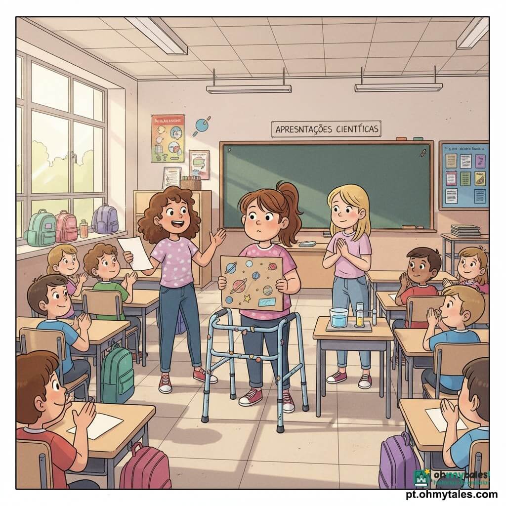 Três meninas de 9 anos apresentam um projeto de ciências numa sala de aula ensolarada: Marta, cabelos castanhos presos em rabo-de-cavalo, rosto redondo e expressão concentrada, usa um andador metálico azul-claro com pequenos autocolantes e está ao centro segurando um grande cartaz colorido; Joana, cabelos castanhos encaracolados, sorridente e enérgica, está ligeiramente à esquerda fazendo a introdução com uma folha de apresentação; Inês, cabelos loiros lisos, calma e atenta, está à direita mostrando uma pequena experiência (um copo de água colorida) sobre uma mesa baixa. A sala tem janelas que deixam entrar o sol, quadro-negro com giz e ordem das apresentações, mesas e cadeiras de madeira clara em filas, mochilas no corredor visíveis por uma porta aberta, chão de azulejo bege e cartazes coloridos nas paredes; os colegas sentados ao fundo observam e aplaudem, ambiente acolhedor, luz suave e cores vivas.