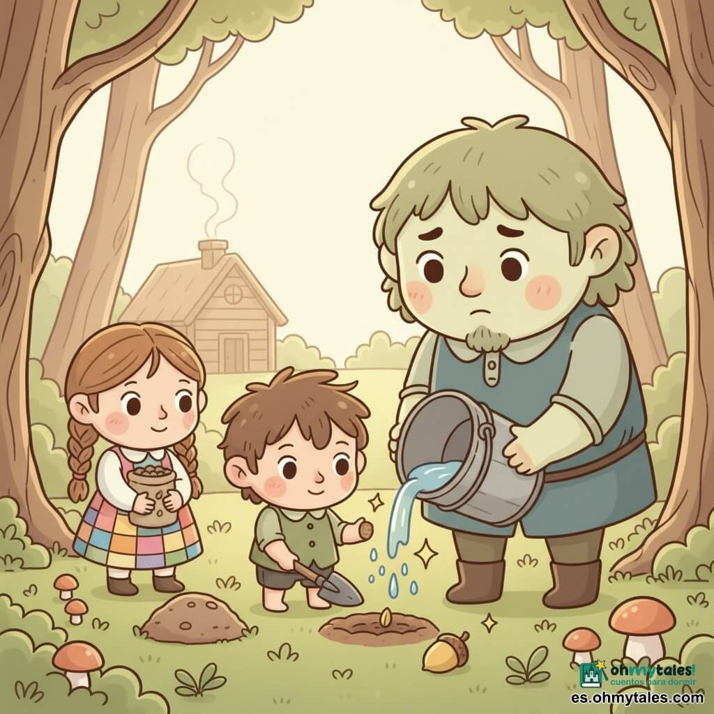 El pequeño Poucet, niño pequeño y valiente, está en el centro sonriendo mientras, con una pequeña pala de madera, planta una semilla; a su derecha un ogro alto y bondadoso vierte con delicadeza agua de un cubo enorme; a la izquierda su hermana mayor de unos 12 años con trenza y vestido patchwork sostiene un saco de semillas junto a un pequeño montículo de tierra; al fondo una clara iluminada con troncos retorcidos, tapiz de musgo, brotes y algunos hongos y una cabaña de madera humeante; ambiente mágico y cálido en colores pastel, estilo kawaii minimal, formas redondeadas, composición clara con foco en las manos en acción, gotas de agua brillantes y una bellota dorada junto al niño.