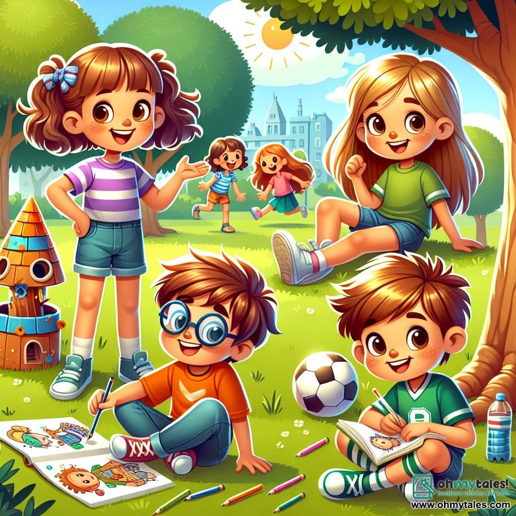 In a sunny park, under a large oak tree, four children gather to share their talents. Mia, an 8-year-old girl with brown hair and round glasses, wears a purple t-shirt and denim shorts, smiling joyfully while holding a smoking papier-mâché volcano. Ben, an 8-year-old boy with messy blonde hair and an orange t-shirt, sits on the ground, drawing funny characters in a notebook with colored pencils. Sarah, an 8-year-old girl with long, smooth hair tied in a ponytail, wears a blue soccer jersey and stands showing how to dribble a soccer ball to a group of admiring children. Leo, an 8-year-old boy with brown hair and square glasses, dressed in a green t-shirt, is manipulating cardboard pieces to build a giant robot next to him. The park is lush with greenery, colorful flowers, and the laughter of children fills the air. The blue sunny sky creates a joyful atmosphere. The main scene shows the children sharing their talents, each demonstrating their passion, while other boys and girls surround them, applauding and having fun together, illustrating gender equality and celebrating diversity.