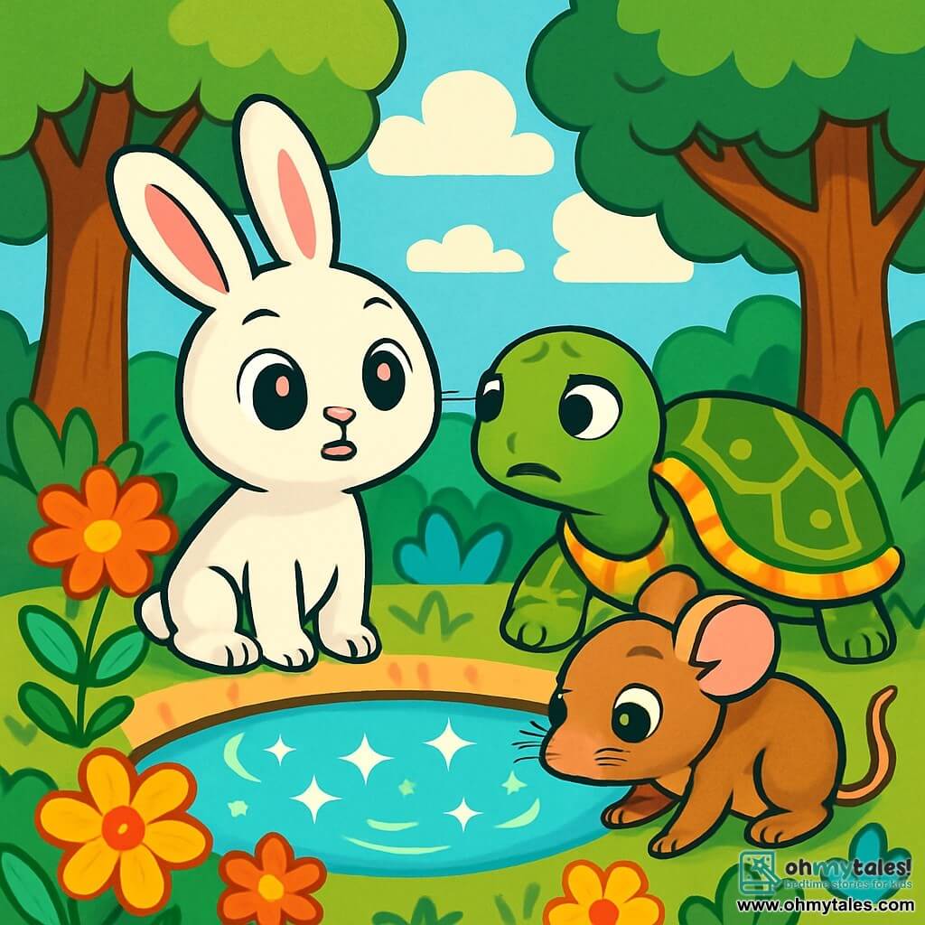 A small white rabbit named Remy, with big bright eyes and upright ears, stands by a shimmering magical spring, his face expressing wonder and determination. Beside him, a wise turtle named Tilda, with a shell adorned with golden patterns, looks at the spring with a concerned expression, while a small brown mouse, Milo, with sparkling curious eyes, approaches the water's edge, ready to explore. In the background, a clear blue sky is dotted with fluffy clouds, and majestic trees with vibrant green leaves surround the area, creating an enchanted atmosphere. The scene shows Remy and his friends united, ready to save spring, with colorful flowers blooming around them, illuminating the environment with joyful and bright colors.