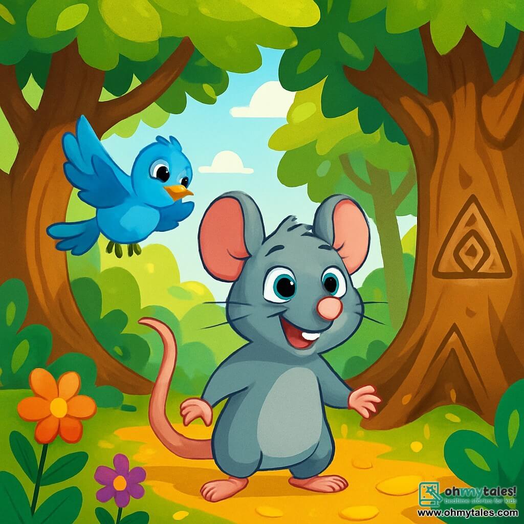 A small rat named Remy, with soft gray fur and sparkling curious eyes, stands at the center of the scene, displaying a wide smile of excitement. He is exploring a magical forest, surrounded by tall trees with gnarled trunks and shiny leaves that whisper gently. Beside him, a little bluebird named Bella, with bright blue feathers and a cheerful demeanor, flutters slightly above him, her wings spread, ready to help. The ground is covered with golden leaves and colorful flowers that add to the magic of the environment. Sunlight filters through the branches, creating dancing shadows on the ground. Remy and Bella discover mysterious symbols carved into the bark of the trees, their awestruck expressions revealing their enthusiasm for this adventure.