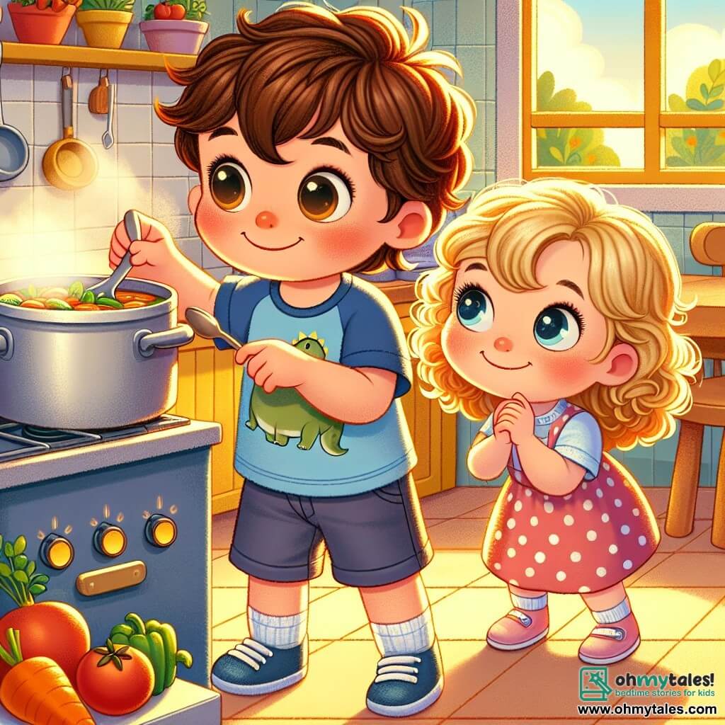 A 4-year-old boy named Tom, with messy brown hair and rosy cheeks, stands in a bright kitchen. He has a big smile on his face, his eyes sparkling with curiosity as he looks at a large pot on the stove. He is wearing a blue t-shirt with a dinosaur design and shorts. Next to him, his 3-year-old sister Lucy, with curly blonde hair and bright eyes, is jumping on her tiptoes to see into the pot. She is wearing a pink polka dot dress and looks excited. The kitchen is warm, with yellow walls and a large window letting in sunlight. On the table are colorful vegetables: orange carrots, red tomatoes, and green herbs, ready to be added to the soup. The main scene shows Tom and Lucy united in their quest to prepare a magical soup to cure Tom's cold, surrounded by the delicious aroma from the pot, symbolizing their joyful adventure and spirit of camaraderie.