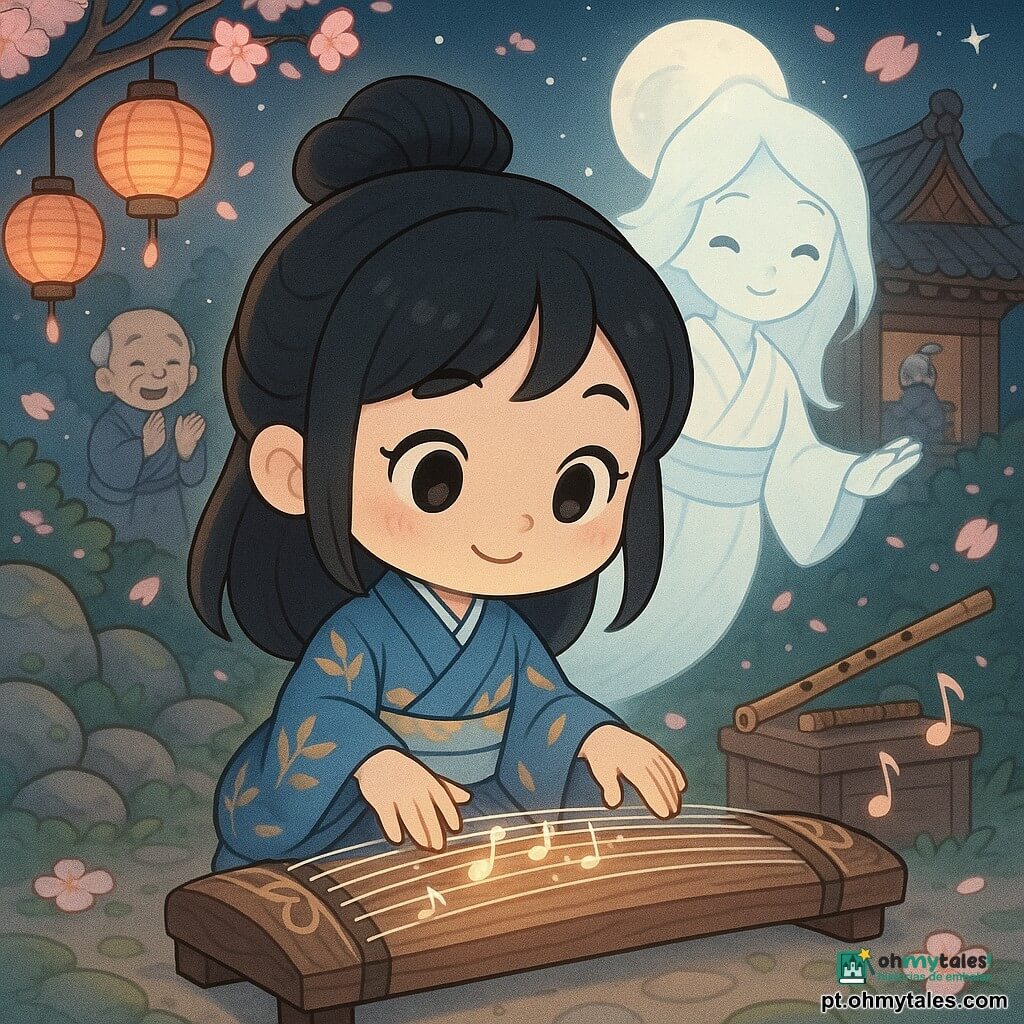Akiko, jovem sorridente e concentrada, cabelos pretos presos em um coque solto, veste um quimono azul com folhas douradas e afina delicadamente um koto, enquanto Yuki, um espírito feminino translúcido e luminoso em quimono branco vaporoso, flutua atrás dela com sorriso tranquilo e gesto sobre uma shinobue num baú; cena noturna num pequeno templo de madeira japonês com telhado curvo, pedras musgosas, lanternas de papel vermelhas, pétalas de sakura ao vento e a lua cheia entre os ramos; composição centrada em Akiko e Yuki, close chibi nas mãos de Akiko e nas cordas vibrantes com notas musicais como pequenas estrelas, paleta em tons pastel (azul noite, rosa sakura, dourado suave) e contrastes para realçar a transparência do espírito.
