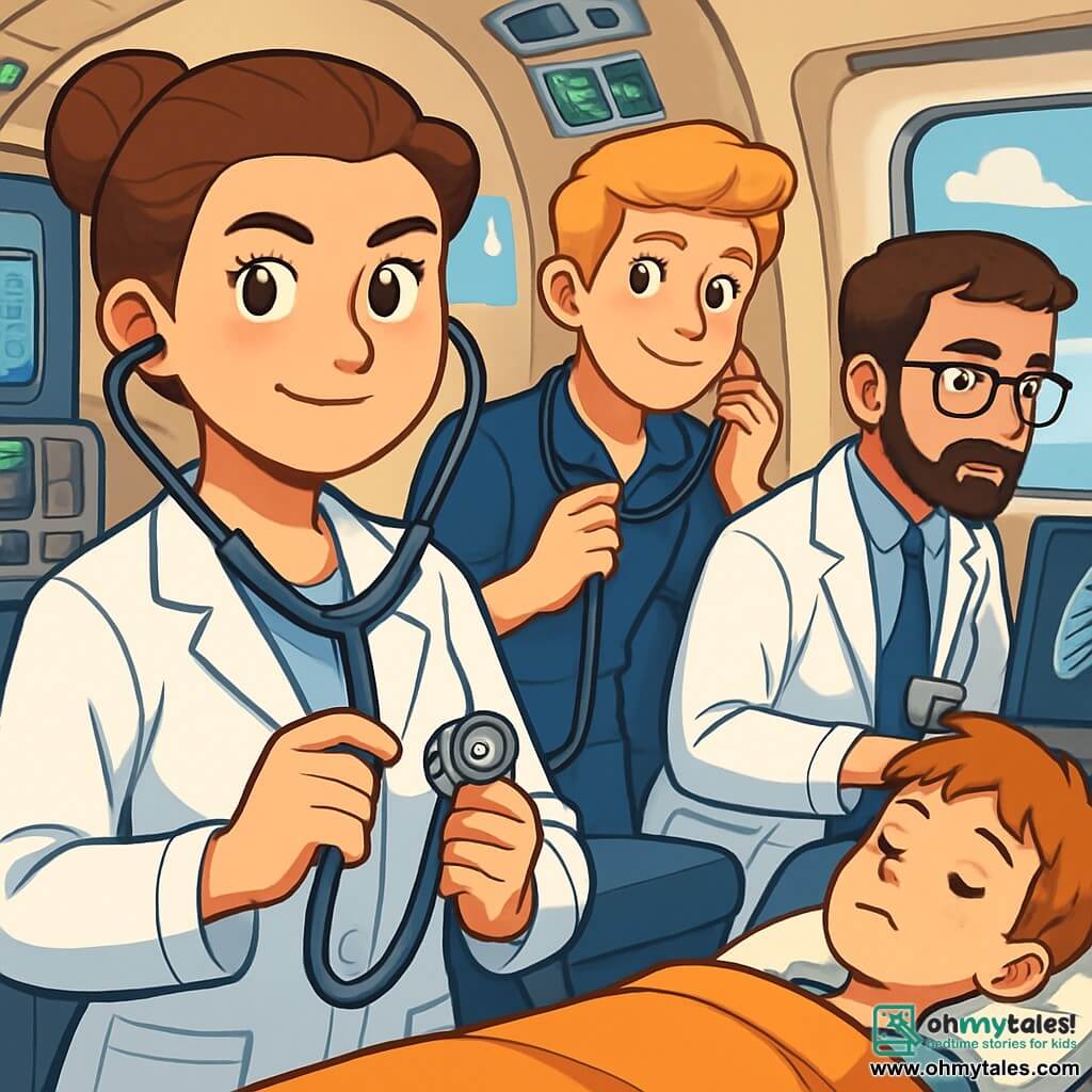 Dr. Emily, a female doctor with brown hair in a bun, wears a pristine white coat. She has a determined look and a warm smile, holding a stethoscope in her hands. Next to her is Nurse Sam, around 30 years old with blonde hair and a friendly expression, adjusting his medical equipment while admiring Emily. Another character, Dr. Tom, a 35-year-old man with glasses and a neat beard, intensely examines X-rays on a screen. The scene takes place inside an air ambulance cabin, with walls adorned with bright control panels and medical equipment. The comfortable seats and a large window reveal a blue sky dotted with white clouds. The main situation shows Dr. Emily coordinating care for a young patient, creating an atmosphere of urgency and camaraderie as the team works together, each focused on their task, while the plane flies over majestic landscapes below.