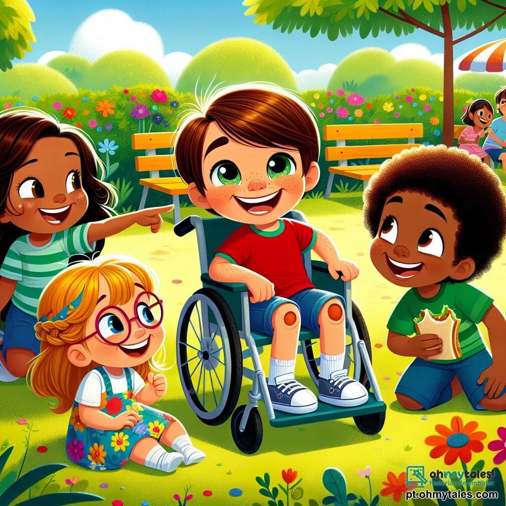 Em um parque ensolarado da pequena cidade de Vila Alegria, quatro crianças estão juntas, cercadas por verde e flores coloridas. Lucas, um menino de 10 anos em uma cadeira de rodas, sorri alegremente, vestindo uma camiseta vermelha e um short azul. Clara, uma menina de 9 anos com tranças loiras e óculos redondos, está ao lado dele, encorajando-o com um grande sorriso e vestindo um vestido florido. Ana, também de 10 anos, com cabelos castanhos e sardas, se inclina para falar com Lucas, usando uma camiseta verde e jeans. Beatriz, uma menina de 9 anos com cabelos negros e cacheados, segura um sanduíche e ri, vestindo uma camiseta amarela e uma saia rosa. O parque é repleto de árvores majestosas, bancos de madeira e brinquedos, com um céu azul claro ao fundo. A cena retrata as crianças brincando e rindo, ilustrando a tolerância e a aceitação das diferenças, com Lucas no centro, cercado por suas amigas que o apoiam e incluem em seus jogos.
