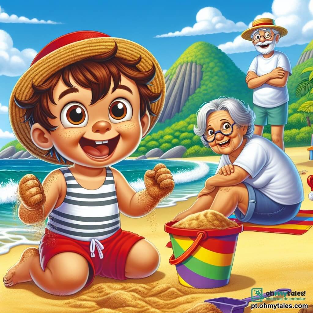 Um menino de 4 anos, Leo, com cabelos castanhos bagunçados e olhos brilhantes de curiosidade, usa um chapéu vermelho e um maiô listrado. Ele está sentado na praia, com as mãos cheias de areia e um grande sorriso no rosto, mostrando sua alegria por ter encontrado seu chapéu. Ao lado dele, sua avó, uma mulher gentil de cerca de 60 anos com cabelos grisalhos e óculos, o observa com orgulho, segurando um balde de areia colorida. Seu avô, um homem jovial de 65 anos com barba branca e um chapéu de palha, está atrás deles, de braços cruzados, sorrindo e admirando o castelo de areia que Leo construiu. A cena acontece em uma praia ensolarada do Rio de Janeiro, com ondas suaves lambendo a costa, montanhas verdes ao fundo e um céu azul brilhante salpicado de algumas nuvens brancas. Leo, todo animado, acaba de encontrar seu chapéu perdido na areia e está pronto para continuar sua aventura na praia, cercado por sua família amorosa.
