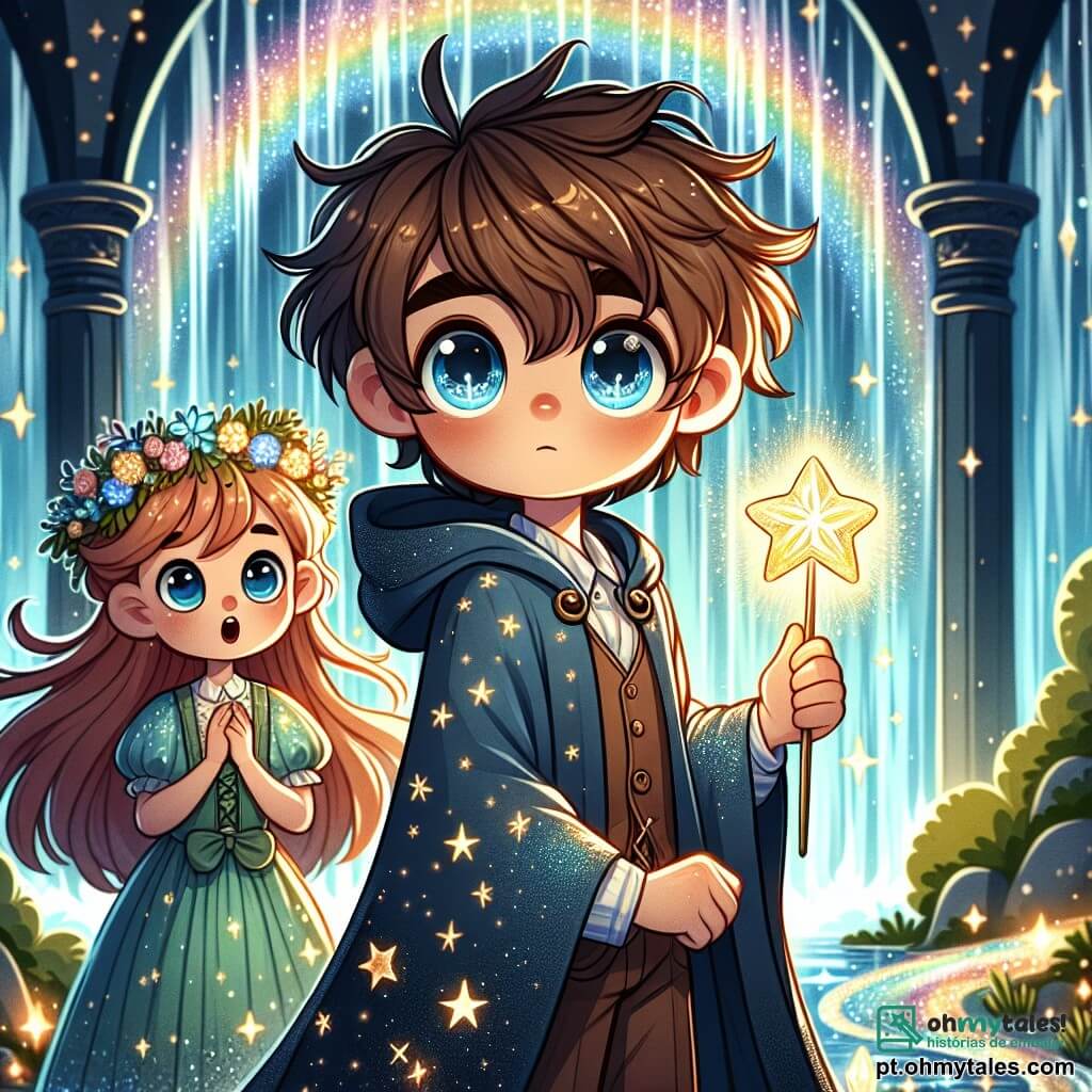 No centro da imagem, um jovem bruxo chamado Theo, com cerca de 10 anos, está com um olhar deslumbrado. Ele tem cabelos bagunçados de cor castanho claro, olhos brilhantes como estrelas e veste uma robe de bruxo azul-escuro decorada com padrões de estrelas cintilantes. Em sua mão, ele segura um Cetro das Estrelas luminoso, emitindo uma suave luz dourada, enquanto olha com determinação para o horizonte. Ao seu lado, sua melhor amiga Lila, uma jovem bruxa de 9 anos, tem cabelos longos e ondulados de cor ruiva e veste uma robe verde salpicada de flores mágicas. Ela sorri entusiasticamente, segurando uma pequena planta luminescente que parece dançar em sua mão, observando Theo com admiração. Ao fundo, a cena se desenrola diante de uma majestosa cascata cintilante, cujas águas claras caem em gotas brilhantes, criando um arco-íris luminoso. A caverna está atrás da cascata, com cristais brilhantes que iluminam o interior, acrescentando uma atmosfera mágica ao todo. A situação principal mostra Theo e Lila prontos para enfrentar o desafio do Guardião do Cetro, com expressões de coragem e excitação em seus rostos, enquanto estão diante da cascata, cercados pela magia da floresta encantada.