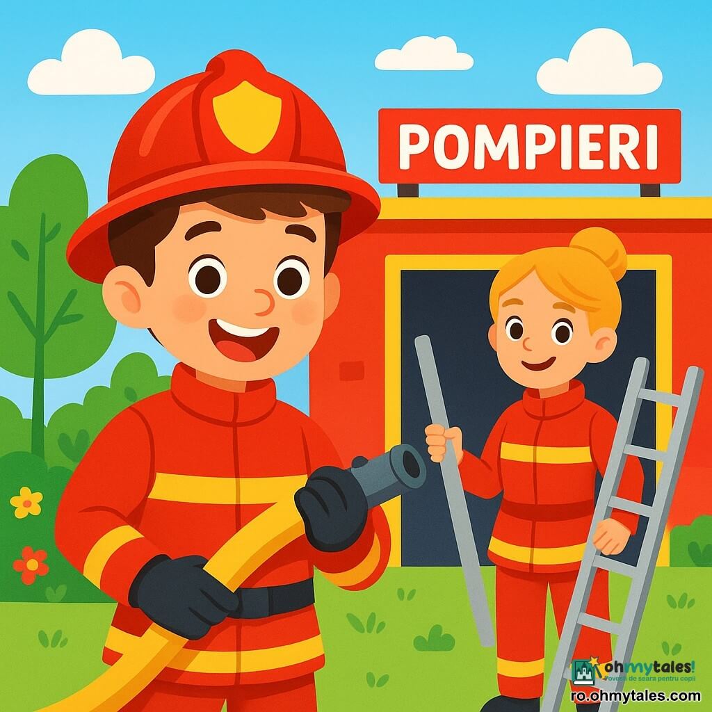 Un pompier pe nume Vlad, zâmbitor și entuziast, poartă un uniform roșu aprins cu o cască strălucitoare. Are părul brunet și ochii strălucind de bucurie. Vlad își verifică echipamentul, ținând un furtun de pompier în mâini. Lângă el, o altă pompieră, o femeie de aproximativ 30 de ani, cu părul blond prins în coc, zâmbește ținând o scară. Ea poartă de asemenea un uniform roșu și se află ușor în spate, pregătită să ajute. Scena se desfășoară în fața unei stații de pompieri colorate, cu pereți roșii și o ușă mare deschisă. Copaci verzi și flori colorate înconjoară clădirea, iar cerul este albastru cu câteva nori albi pufoși. Situația principală îi arată pe Vlad și colega sa pregătiți să răspundă la o alertă, cu o atmosferă veselă și dinamică, ilustrând spiritul de echipă și entuziasmul de a salva vieți.