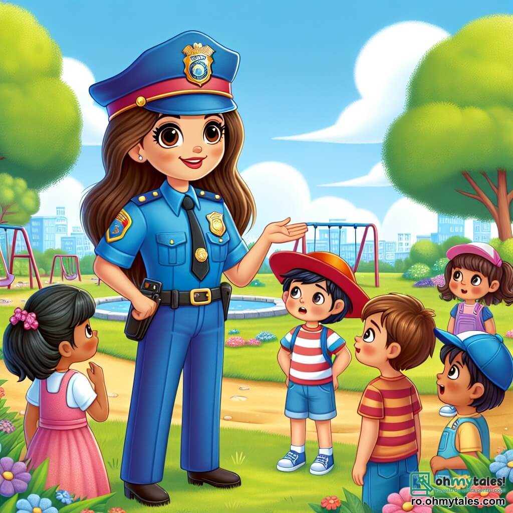 Polițista Andreea, o femeie zâmbitoare cu părul lung și brunet, poartă un uniformă albastră strălucitoare și un ecuson pe piept. Ea este veselă și entuziastă, vorbind cu un grup de copii într-un parc însorit. Printre copii se află un băiat de 8 ani, care poartă o șapcă roșie mare și un tricou cu dungi, ascultând-o atent cu ochii mari. O fetiță de 7 ani, îmbrăcată într-o rochie roz frumoasă, ridică mâna pentru a pune o întrebare, cu fața luminată de curiozitate. Parcul este plin de flori colorate, copaci verzi și râsete de copii care se joacă pe leagăne și tobogane. Cerul este albastru cu câteva nori albi, iar iarba este de un verde strălucitor. Situația principală o arată pe Andreea explicând copiilor importanța siguranței și a ajutorului reciproc, implicându-i într-un joc amuzant de „polițist și hoț”, creând o atmosferă veselă și educativă.