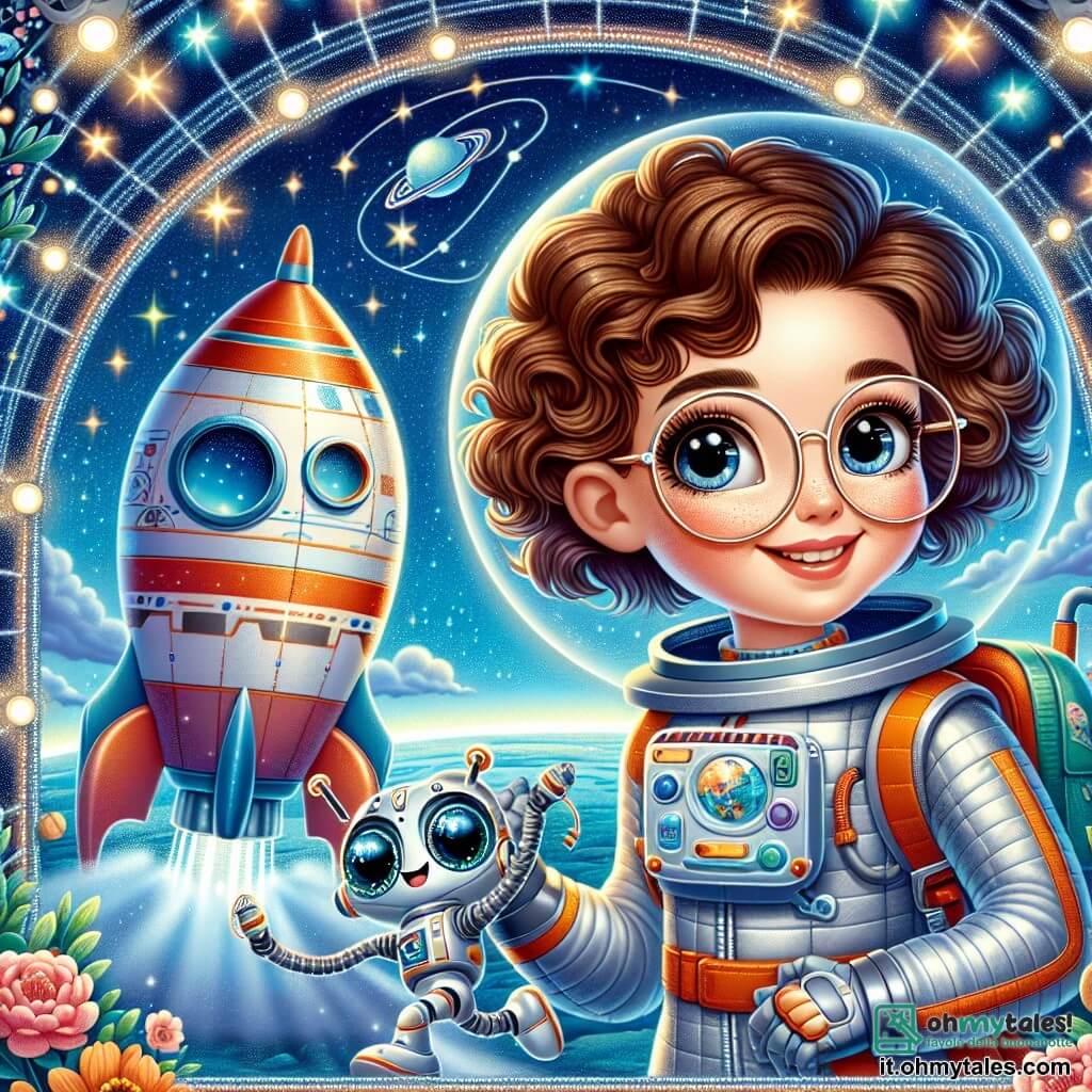 Una scienziata di nome Anna, con capelli ricci castani e occhiali tondi, sorride meravigliata mentre si trova davanti a un'astronave colorata, pronta a decollare. Indossa una tuta spaziale brillante e tiene un piccolo gadget in mano, mostrando la sua eccitazione per l'avventura imminente. Accanto a lei, un piccolo robot di nome Rob, che assomiglia a una sfera argentata con occhi luminosi e braccia articolate, danza gioiosamente, esprimendo il suo entusiasmo per il viaggio spaziale. Il paesaggio stellare è mozzafiato, con un cielo nero punteggiato di stelle scintillanti e un magnifico pianeta blu sullo sfondo, coperto di fiori luminosi e dolci colline. La scena principale mostra Anna e Rob pronti a imbarcarsi sulla loro navetta, circondati dall'immensità dello spazio, mentre si preparano a esplorare il misterioso pianeta blu, pieni di eccitazione e curiosità per le avventure che li attendono.
