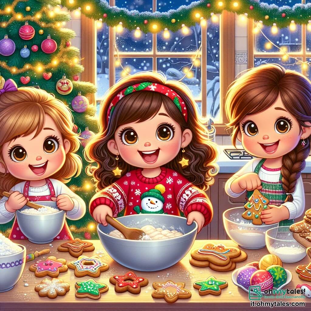 Tre bambine di cinque anni si trovano al centro della cucina, circondate da ingredienti natalizi. Mia, con i capelli castani e ricci, indossa un bel maglione rosso con un pupazzo di neve e sorride felice tenendo una grande ciotola. Alla sua destra, Sara, con i capelli biondi e lisci, mescola l'impasto con un grande cucchiaio di legno, i suoi occhi brillano di eccitazione. A sinistra, Giulia, con i capelli castani e una treccia, decora un biscotto a forma di stella con glassa colorata, con un grande sorriso sul volto. La cucina è calda e festosa, decorata con luci scintillanti alle finestre e un grande albero di Natale addobbato in un angolo. Sulla tavola ci sono piatti di biscotti a forma di alberi e pupazzi di neve, mentre un profumo dolce riempie l'aria. Le tre amiche stanno preparando i loro biscotti di Natale, ridendo e cantando insieme, creando un'atmosfera magica e gioiosa, pronte a sorprendere le loro famiglie con le loro deliziose creazioni.