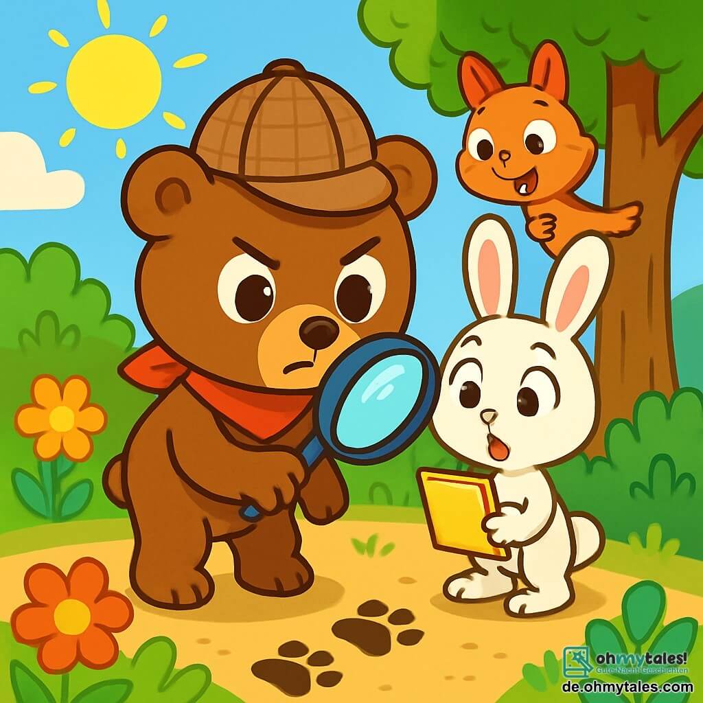 Ein kleiner brauner Bär namens Benni mit großen runden Augen und einem entschlossenen Ausdruck untersucht aufmerksam Fußabdrücke im Sand mit einer Lupe. Er trägt einen kleinen Detektivhut und ein rotes Halstuch, was ihn noch niedlicher und neugieriger macht. Neben ihm schaut ein kleiner weißer Hase namens Max mit langen, aufrechten Ohren interessiert auf die Spuren, sein Gesicht zeigt Überraschung und Aufregung. Er hält ein Notizbuch in seinen Vorderpfoten, bereit, Hinweise aufzuschreiben. Etwas weiter entfernt klettert ein schelmisches Eichhörnchen namens Mia mit einem buschigen Schwanz und funkelnden Augen auf einen Baum und beobachtet die Szene mit einem schelmischen Lächeln, als hätte sie eine brillante Idee. Die Szenerie spielt in einem sonnigen Garten, gefüllt mit bunten Blumen, grünen Sträuchern und einem majestätischen großen Baum, unter dem sich geheimnisvolle Spuren im Sand befinden. Die Hauptsituation zeigt Benni und seine Freunde bei einer Untersuchung, auf der Suche nach Hinweisen, um einen verschwundenen Honigtopf zu finden, mit einer Atmosphäre von Abenteuer und Kameradschaft.