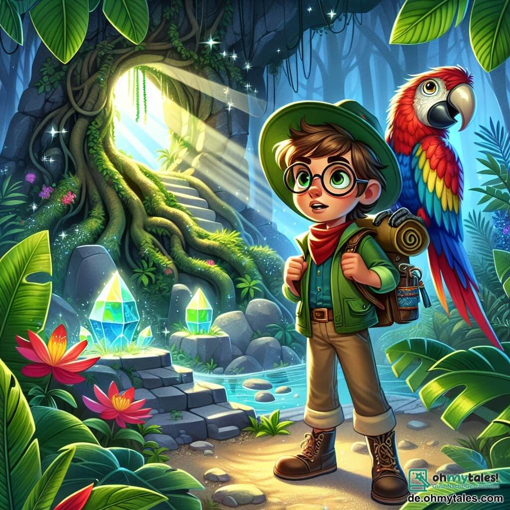 Max, ein junger Mann mit braunen Haaren und einer großen, runden Brille, steht im Mittelpunkt des Bildes mit einem bewundernden Lächeln. Er trägt einen grünen Hut und einen bunten Rucksack voller Erkundungswerkzeuge. Neben ihm sitzt Leo, ein bunter Papagei mit leuchtend blauen und roten Federn, der neugierig und aufgeregt auf seiner Schulter sitzt, bereit für das Abenteuer. Die Szene spielt in einem geheimnisvollen Regenwald, umgeben von großen grünen Blättern und leuchtenden Blumen, mit Sonnenstrahlen, die durch die Bäume scheinen und funkelnde Steine auf dem Boden beleuchten. Max und Leo stehen vor dem Eingang einer Höhle, wo ein großer, alter Baum mit verdrehten Wurzeln steht, der der Umgebung eine magische Note verleiht. Sie sind bereit, die Höhle zu betreten, voller Aufregung und Vorfreude, um die verborgenen Geheimnisse darin zu entdecken.