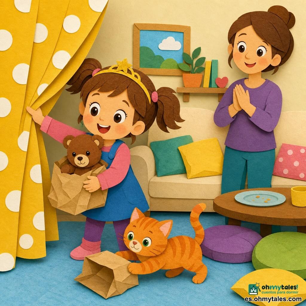 Niña de 4 años, feliz y concentrada, cabello castaño claro en coletas, diadema con pequeña estrella, ojos grandes y brillantes; levanta una cortina amarilla de lunares y sostiene un osito de peluche marrón llamado Tito, con lazo rojo, medio salido de una bolsa de papel arrugada. Una madre sonriente y dulce, con el pelo recogido, de pie junto a una mesa baja, la mira con orgullo y aplaude suavemente. Un gato atigrado llamado Miso, naranja con rayas y ojos verdes, empuja con la pata una bolsa de papel vacía junto a la niña. Salón luminoso con alfombra azul claro y sofá crema; la escena transmite un instante alegre y tierno, ambiente cálido y seguro, colores vivos y texturas de papel recortado visibles.