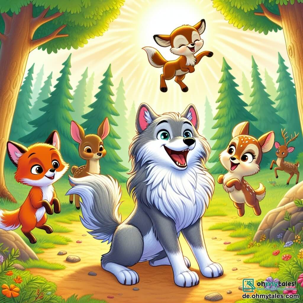 Ein majestätischer großer Wolf mit silbergrauem Fell und leuchtenden Augen wie Sterne steht im Zentrum der Szene, mit einem Ausdruck von Freude und Erleichterung, umgeben von kleinen Waldtieren. Rechts von ihm springt ein kleiner Fuchs mit leuchtend orangefarbenem Fell und großen neugierigen Augen vor Freude, seine Hinterbeine in die Luft gestreckt. Links von ihm schaut ein kleines Reh mit hellbraunem Fell und sanften großen Augen bewundernd zu dem Wolf, sein Gesicht strahlt vor Glück. Die Szene spielt in einer sonnigen Lichtung, umgeben von großen Bäumen mit leuchtend grünen Blättern und bunten Blumen, die den Boden schmücken und eine fröhliche, einladende Atmosphäre schaffen. Der Wolf hat gerade einen Fluch gebrochen und feiert nun mit seinen neuen Freunden in einer festlichen und warmen Stimmung.