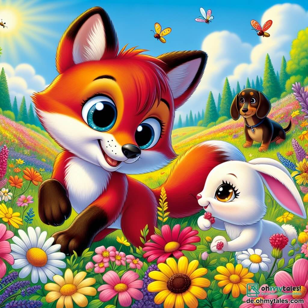 Im Vordergrund springt ein kleiner roter Fuchs namens Felix mit großen, neugierigen Augen und einem fröhlichen Lächeln mitten in einem Feld bunter Blumen, während seine Pfoten die leuchtend gelben, rosa und lila Blütenblätter berühren. Neben ihm schaut ein kleines weißes Kaninchen namens Lila mit langen, weichen Ohren Felix bewundernd an, ihre Augen strahlen vor Freude, während sie eine Blume beschnüffelt. Etwas weiter beobachtet Max, ein Dackel mit braunem und schwarzem Fell, aufmerksam die Insekten, die um die Blumen fliegen, mit einem zufriedenen Lächeln im Gesicht. Die Szenerie zeigt eine weite, sonnige Wiese, übersät mit Wildblumen, im Hintergrund große grüne Bäume und ein hellblauer Himmel mit flauschigen weißen Wolken. Die Szene stellt den Moment dar, in dem Felix, Lila und Max gemeinsam die Schönheit des Frühlings entdecken und sich an den Farben und Klängen der wiedererwachenden Natur erfreuen.