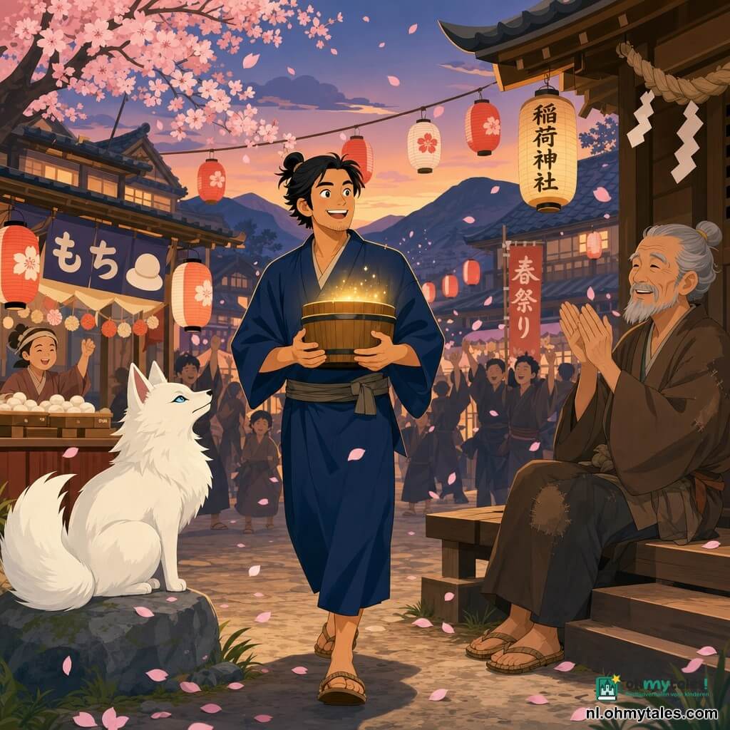 Een ongeveer 35-jarige man, Haruki, serein en blij, glimlachend met heldere ogen, draagt een eenvoudig indigo kimono met ceintuur, zwart haar in een kleine knot, stro sandalen, en houdt een rond zegel voor zich dat zacht goud licht uitstraalt; een oude dorpswijze van circa 70 jaar, mager met korte grijze baard en versleten bruine jurk, zit rechts op houten traptreden van een klein schrijn en klapt zachtjes uit trots; links zit een wit vosje met bleekblauwe ogen en een pluizige vacht, staart opgerold, waakzaam; locatie: een klein Japans dorpsplein bij schemering met bloeiende kersen waar bloesem valt, rode en witte papieren lantaarns, houten huizen met gebogen daken en feestkraampjes; situatie: Haruki marcheert triomfantelijk naar het dorp, het lichtgevende zegel tegen zijn borst, silhouetten van dorpelingen werpen bloembladeren en heffen armen, warme sfeer in pastel met goud en indigo, heldere compositie en eenvoudige vormen.