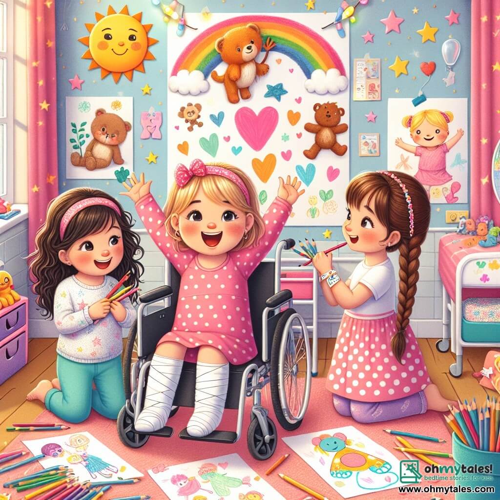 In a bright and colorful hospital room, three four-year-old girls are gathered. Mia, with curly brown hair, is in her sparkling wheelchair, smiling joyfully while holding colorful crayons. Next to her, Lily, with straight blonde hair, stands with her arms raised in excitement, wearing a polka dot pink dress, looking at a large poster of animals on the wall. Emma, with braided chestnut hair, sits on the plush carpet surrounded by drawings and toys, drawing a large heart on a piece of paper, her face radiating happiness. The room is decorated with pastel-painted walls, star and cloud stickers, and a large paper sun shining above them, with colorful toys scattered on the floor. The three friends are creating a "Tree of Hope" with their drawings, sharing their dreams and laughter, illustrating the strength of friendship even in difficult times.