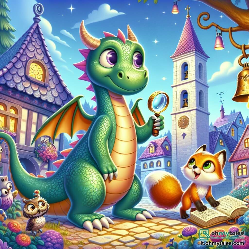 Un giovane drago verde con squame brillanti e grandi ali spiegate, Fumo, osserva con occhi curiosi e determinati, tenendo una lente tra le piccole zampe. Accanto a lui, Lilla, un gufo con piume scintillanti e occhiali rotondi, sfoglia un antico libro con aria concentrata, posata su un ramo basso di un albero. Spira, una volpe dorata con una pelliccia splendente e occhi maliziosi, annusa il terreno con un'espressione di eccitazione, pronta a seguire gli indizi. La scena si svolge in una graziosa piazza di Borboville, circondata da case colorate con tetti inclinati, fiori vivaci e una grande fontana al centro. Sullo sfondo, un campanile vuoto si erge, il suo gancio dove la campana era appesa brilla sotto il sole. I tre amici indagano insieme per ritrovare la campana scomparsa, scrutando il terreno alla ricerca di indizi, mentre raggi di luce filtrano tra le foglie degli alberi, creando un'atmosfera magica e misteriosa.