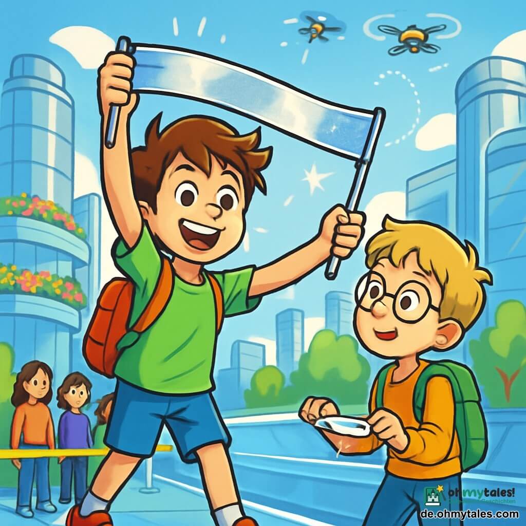 Ein 10-jähriger Junge namens Jaro steht auf einem hellen Airsteeg, mit einem breiten Lächeln und funkelnden Augen vor Aufregung. Er hat zerzauste braune Haare, ein leuchtend grünes T-Shirt und einen kleinen Rucksack über der Schulter, während er stolz ein silbernes Banner schwenkt, das in der Sonne glänzt. Neben ihm steht ein 9-jähriger Junge, Nilo, mit blonden Haaren und runden Brillen, der Jaro bewundernd ansieht und das Banner festhält, um ihm zu helfen. Im Hintergrund erstreckt sich eine futuristische Stadt mit glitzernden Glasgebäuden, hängenden Gärten, die mit bunten Blumen überquellen, und tanzenden Drohnen am Himmel, die leuchtende Muster erzeugen. Die Hauptsituation zeigt Jaro und Nilo, die den Übergang auf dem Airsteeg sichern, umgeben von Menschen, die geduldig hinter einer Lichtlinie warten, was die Bedeutung von Regeln für die Sicherheit aller verdeutlicht.
