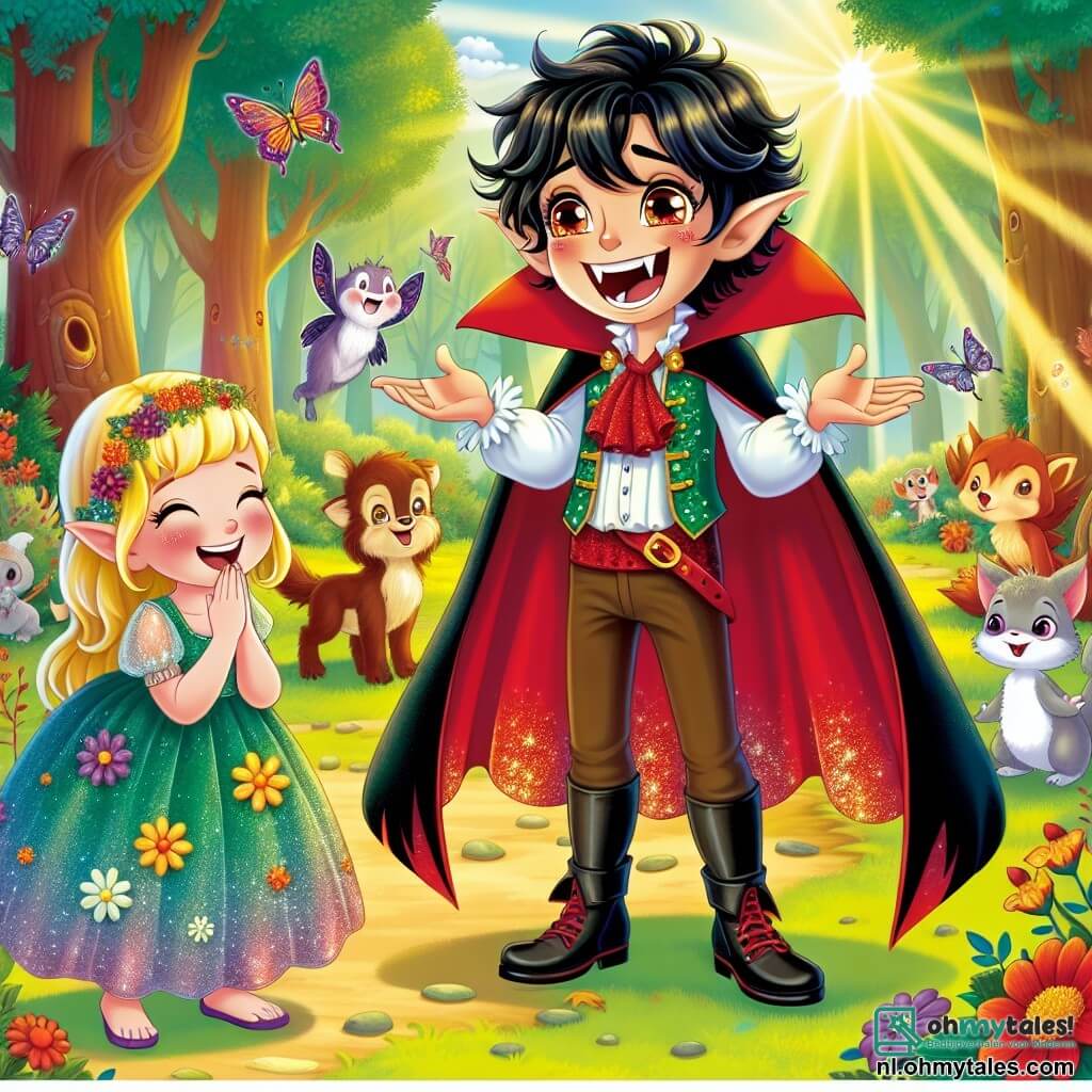Een blije vampier genaamd Victor, met rommelig zwart haar, sprankelende ogen en een grote glimlach die zijn scherpe tanden toont, vertelt een grap aan een groep dieren in een zonnige open plek. Hij draagt een rode cape die lichtjes in de wind wappert, wat bijdraagt aan zijn grappige uitstraling. Naast hem lacht Lila, een klein elfje met blond haar en glinsterende vleugels, ongeveer 8 jaar oud, hardop met haar handen op haar buik. Ze draagt een groene jurk versierd met kleurrijke bloemen en staat een beetje op afstand, klaar om een van haar eigen grappen te delen. De omgeving bevindt zich in een magische open plek omringd door grote bomen met kleurrijke stammen, met zingende bloemen en dansende vlinders om hen heen. Zonnestralen filteren door de bladeren, wat een vrolijke en heldere sfeer creëert. De hoofdsituatie toont Victor die Lila en de dieren aan het lachen maakt met zijn grappen, terwijl ze zich voorbereiden op een grappenwedstrijd, vol opwinding en goede stemming.