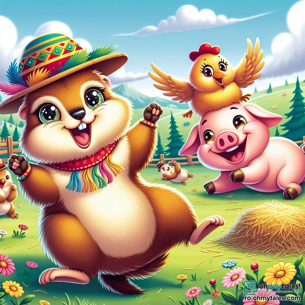 O marmotă veselă numită Mărgăritar, cu blană căprie și ochi strălucitori de năzdrăvănie, dansează în mijlocul unui câmp verde, purtând o pălărie colorată și un fular roșu în jurul gâtului. Lângă ea, o găină energică numită Titi, cu pene aurii și o privire jucăușă, încearcă să o imite bătând din aripi, în timp ce un purcel roz numit Bălăiță, cu un zâmbet larg și obraji rotunzi, se rostogolește în fân, râzând cu poftă. În fundal, cerul este albastru cu câteva nori pufoși, iar ferma este înconjurată de flori colorate și copaci verzi. Scena reprezintă o competiție de dans amuzantă între animale, plină de bucurie și râsete, unde fiecare încearcă să-și arate cele mai bune mișcări distrându-se împreună.