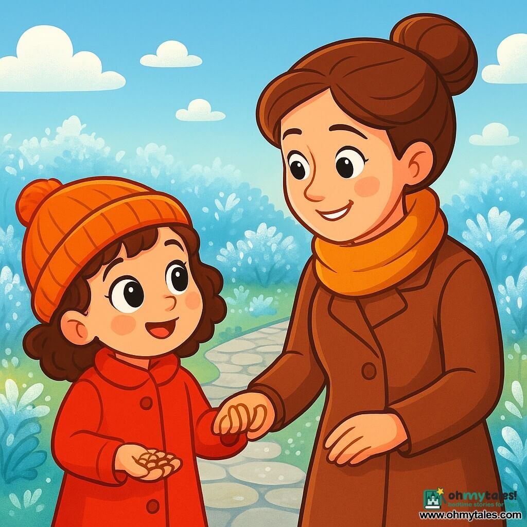 A 6-year-old girl, Mia, with big bright eyes and rosy cheeks, gazes in wonder at a garden covered in sparkling frost. She wears a bright red coat and a wool hat, with her curly brown hair slightly sticking out. Next to her, her mom, a woman in her thirties with brown hair tied in a bun, smiles tenderly while holding Mia's hand. They stand on a stone path, surrounded by bushes with frozen leaves that glisten in the sun. The sky is a clear blue, dotted with fluffy white clouds. Mia, with an expression of curiosity and excitement, is about to scatter seeds for the birds, while her mom encourages her with a warm look.