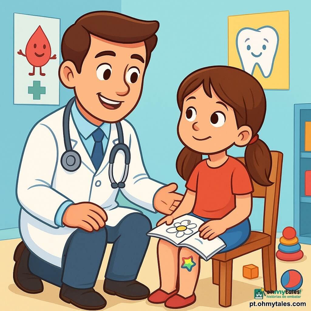 Um jovem médico, de cerca de 30 anos, sorridente e benevolente, usa um jaleco branco brilhante e um estetoscópio ao redor do pescoço. Seus olhos brilham de compaixão enquanto examina uma menina sentada em uma cadeira, com um curativo colorido em forma de estrela no joelho. A menina, Ana, tem cerca de 7 anos, cabelos longos e castanhos presos em duas tranças. Ela olha para o médico com curiosidade e um leve sorriso, segurando um livro de colorir nas mãos. A cena acontece em um consultório médico iluminado e acolhedor, com paredes pintadas de azul pastel, cartazes de desenhos animados sobre saúde e brinquedos coloridos espalhados pelo chão. O médico explica gentilmente a Ana como ele vai cuidar de seu joelho, enquanto ela o escuta atentamente, pronta para aprender.