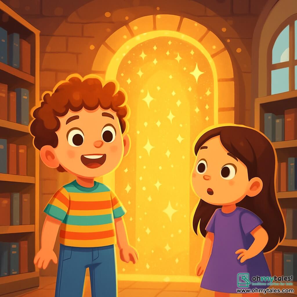 A 6-year-old boy named Oliver, with curly hair and sparkling eyes, stands in front of a shimmering magical portal. He has a look of wonder on his face, his cheeks flushed with excitement. Oliver is wearing a colorful striped shirt and denim pants. Next to him, a 6-year-old girl with long, smooth hair in a purple dress watches the portal with wide eyes. She appears fascinated and curious, standing slightly back with her hands on her hips. The setting is inside an old library, with ancient brick walls, shelves filled with dusty books, and soft light filtering through large windows. In the center, the magical portal shines with a golden light, surrounded by a sparkling aura. The main scene shows Oliver and the girl in front of the portal, ready to enter a fantastical world, their faces illuminated by the surrounding magic.