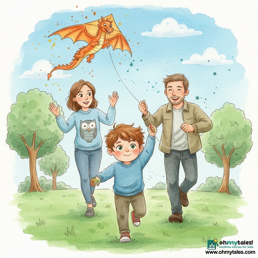 An 8-year-old boy with tousled chestnut hair, bright green eyes, a round face and paint-stained fingers, smiling shyly but amazed, runs holding an orange dragon-patterned kite string; his mother Clara, about 35, with mid-length brown hair and a light blue sweater with a large owl motif, stands left behind him, looking at him gently with a raised hand to encourage; his father Mark, about 36, with a light beard and a casual khaki jacket, laughs while running to the right holding the other end of the string to help the kite rise; they are in a large green park with textured grass, a few brown-ochre tree trunks, and a pale blue sky with soft clouds and delicate splashes around the kite; the scene centers on the family gathered around the ascending dragon kite, conveying lively movement, shy smiles and shared warmth, composition focused on the boy holding the string with parents slightly behind supporting him.