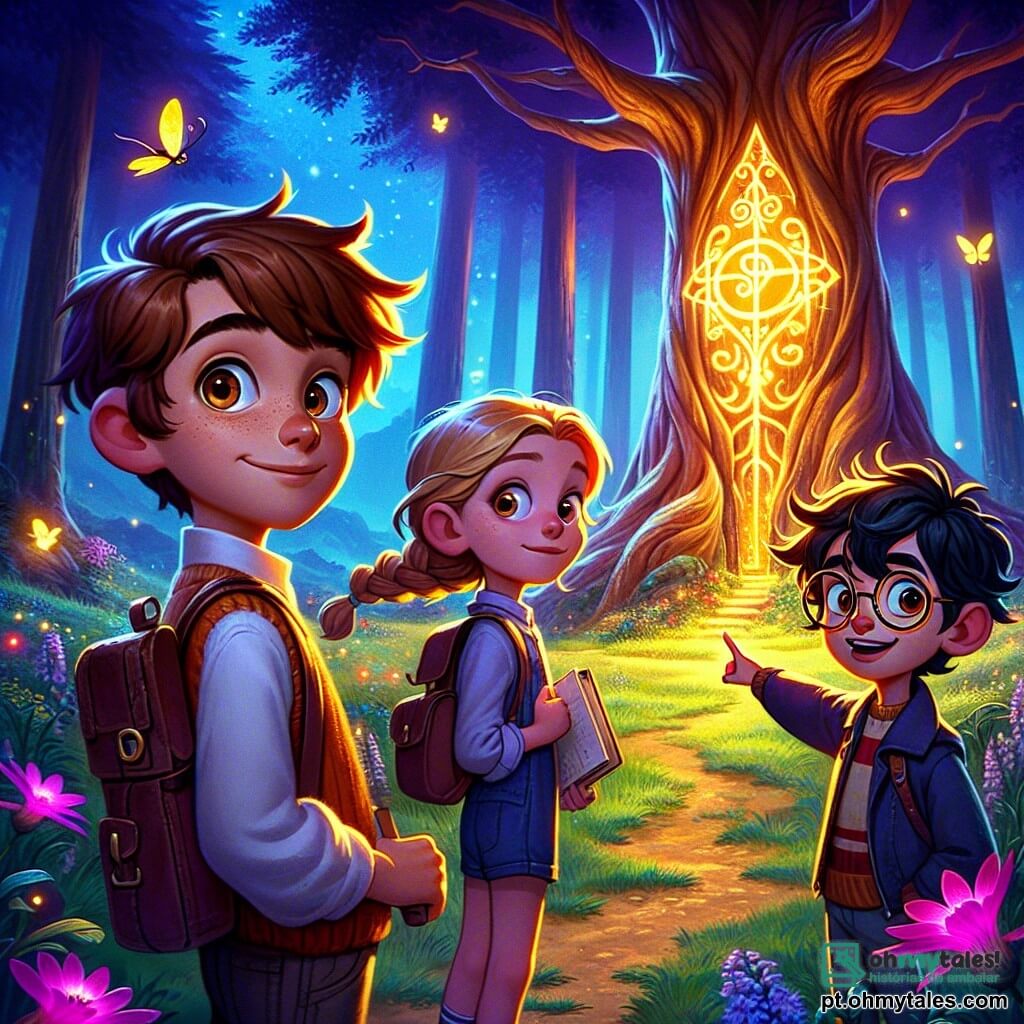 Em uma clareira mágica, quatro pequenos aventureiros estão juntos. Miguel, um garoto de 10 anos com cabelos castanhos e olhos brilhantes, observa com curiosidade uma grande árvore luminosa no centro da cena. À sua direita, Sofia, uma menina de 9 anos com cabelos loiros trançados e um sorriso corajoso, aponta um símbolo misterioso na porta da árvore. À esquerda, Lucas, um garoto de 10 anos com óculos redondos e cabelos castanhos, segura um pequeno caderno e desenha rapidamente a paisagem encantadora. Por fim, Rafael, um garoto de 9 anos com cabelos negros bagunçados, está ao fundo, de braços cruzados, com uma expressão determinada, pronto para enfrentar os desafios.

A clareira é cercada por grandes árvores de troncos escuros e folhas cintilantes, enquanto um céu roxo se estende acima deles, salpicado de estrelas brilhantes. Flores coloridas e vagalumes dançam ao redor, adicionando um toque de magia à atmosfera.

Os quatro amigos estão prestes a resolver um enigma para abrir uma porta misteriosa na árvore, simbolizando sua coragem e amizade nesta aventura fantástica.